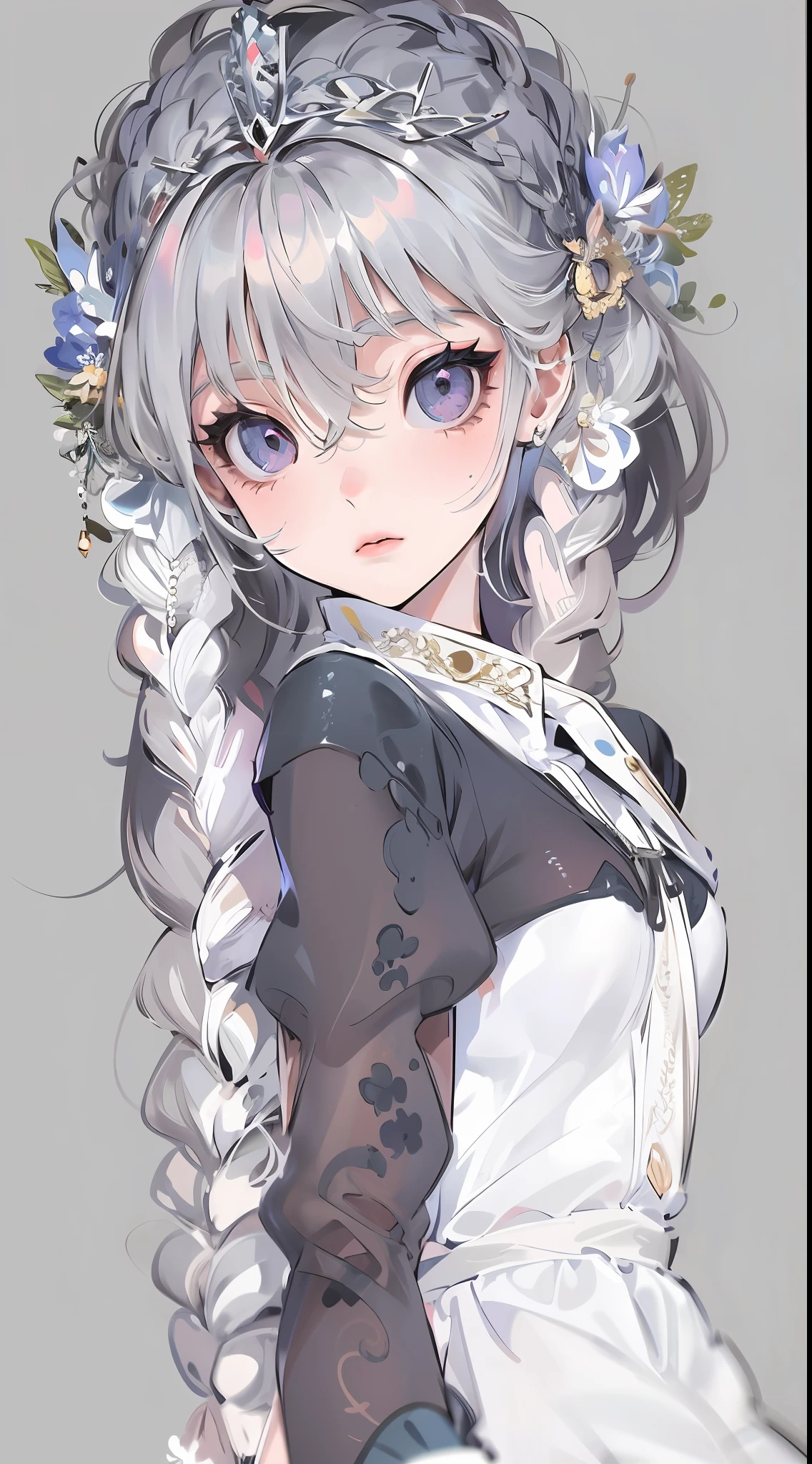 Best quality, highly detailed, masterpiece, ultra detailed, (reality: 1.2), 1 girl, (white background), simple background, delicate eyes, silver hair, purple eyes, hair_ornament, (white off-the-shoulder shirt: 1.3), long hair, pointy_ears, crown_braid, expressionless, straight hair, (++ sitting: 1.2), room,