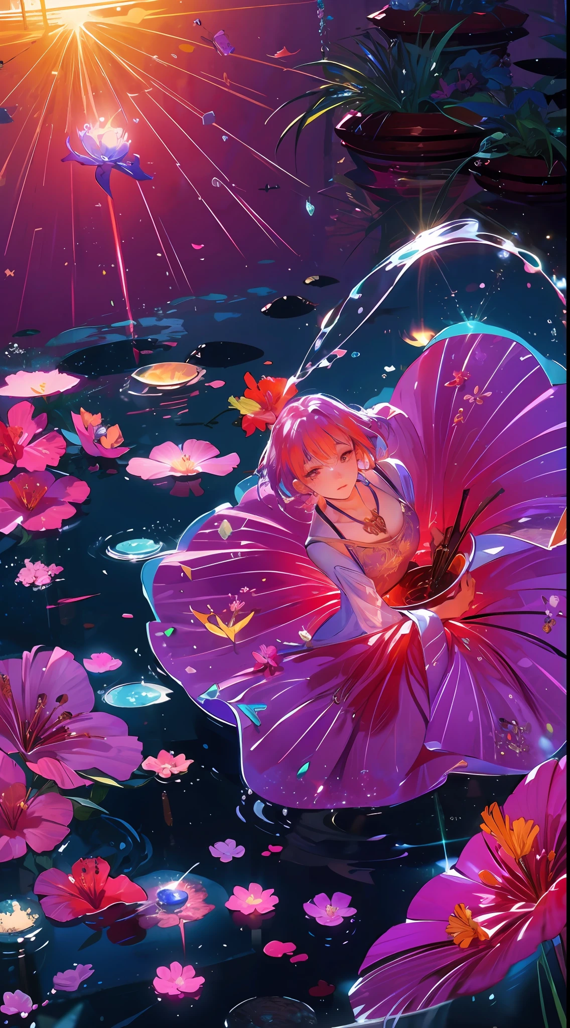 hibiscus Moon with water drops,neon glow, random background, sun rise, bokha mood