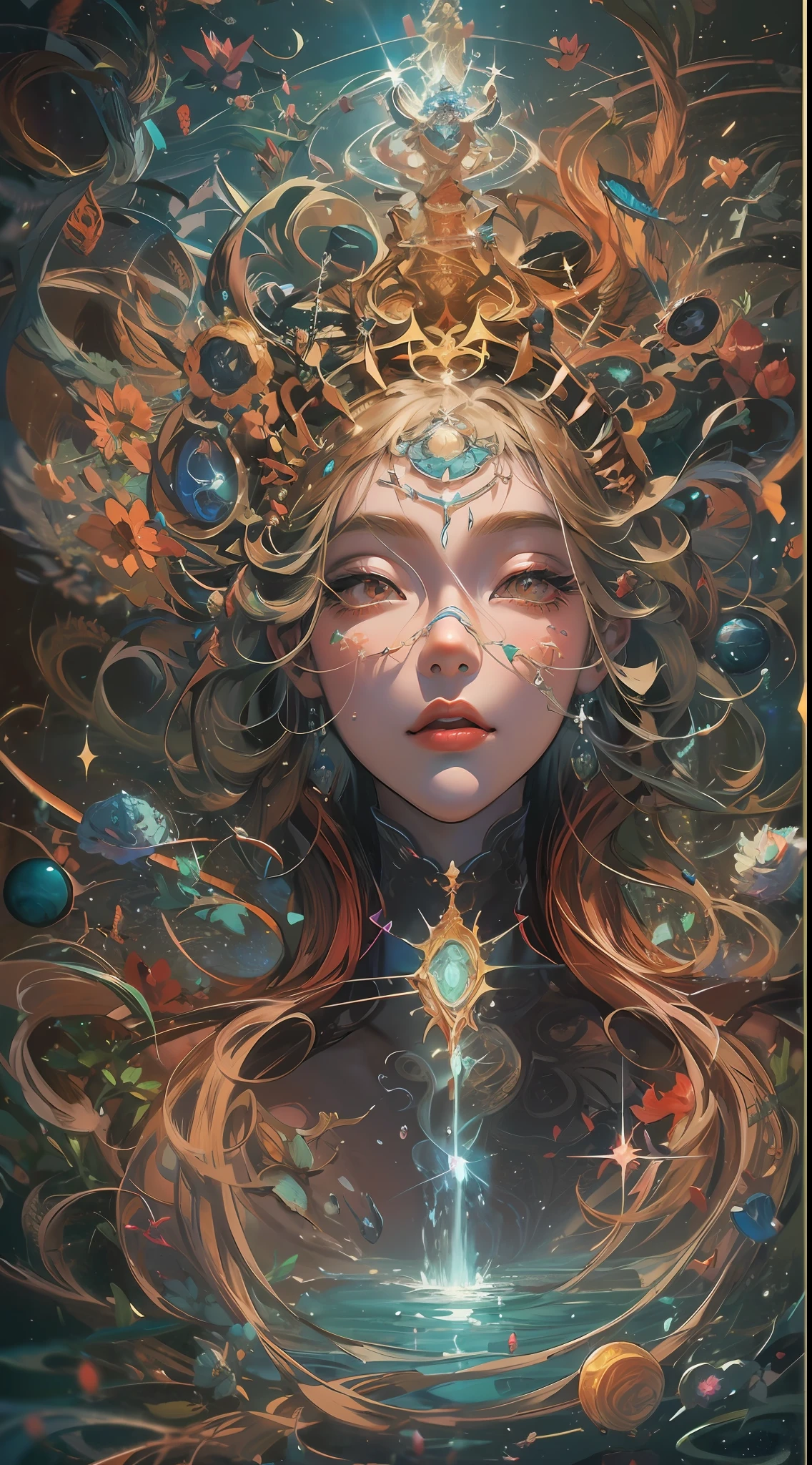 Diving Into The Ether Flowing with The Eternal Soul Through Vibration of love, everything is connected, Flowing energy, Spiritual, Divine, Dreamlike, cosmic, concept-art, mind blowing, Feminine beauty, God, pineal gland, DreamlikeArt