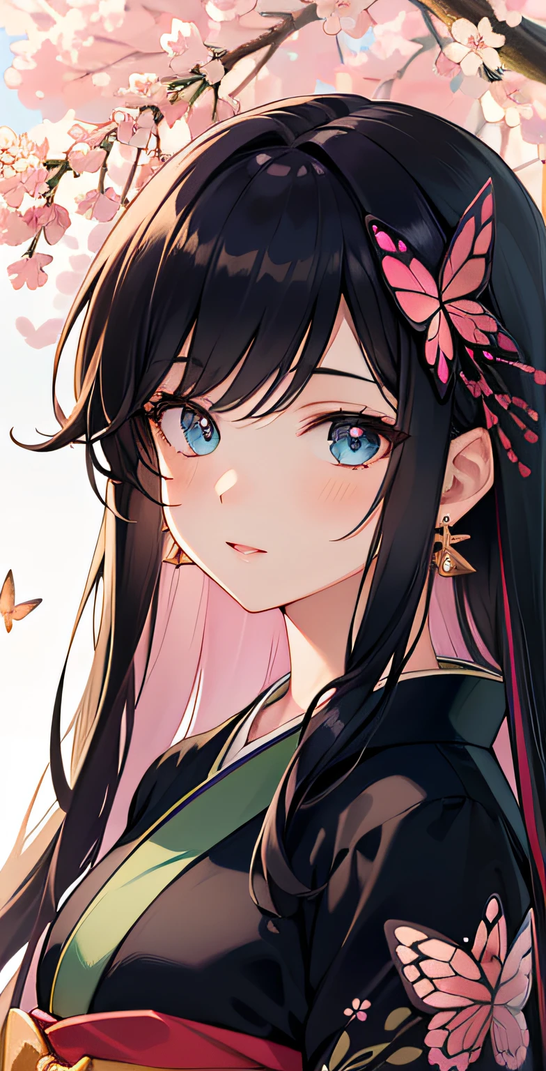 shukezouma, octane render, hdr, (hyperdetailed:1.15), (soft light, sharp:1.2), 1girl, beautiful girl, ultra detailed eyes, mature, plump, thick, rainbow painting drops,splat, splash, long colored hair, ultra detailed texture kimono, (hair ornaments, earrings, flowers hair ornaments, butterflies hair ornaments), outdoors, sakura trees