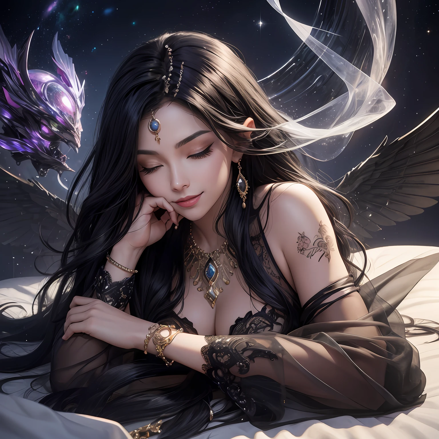 Black hair, Gradient hair, There are precious stones on the forehead, rimless eyewears, mouth veil, Sparkling pupils,long eyelasher, One eye closed, grin, hyper photorealism, Cinematic lighting, projected inset, surrealism, hyper HD, Masterpiece, 16k,Lie down in bed,dream on,Wear transparent silk pajamas,entangled,Tattooed with,Fantasy space,Luxurious space