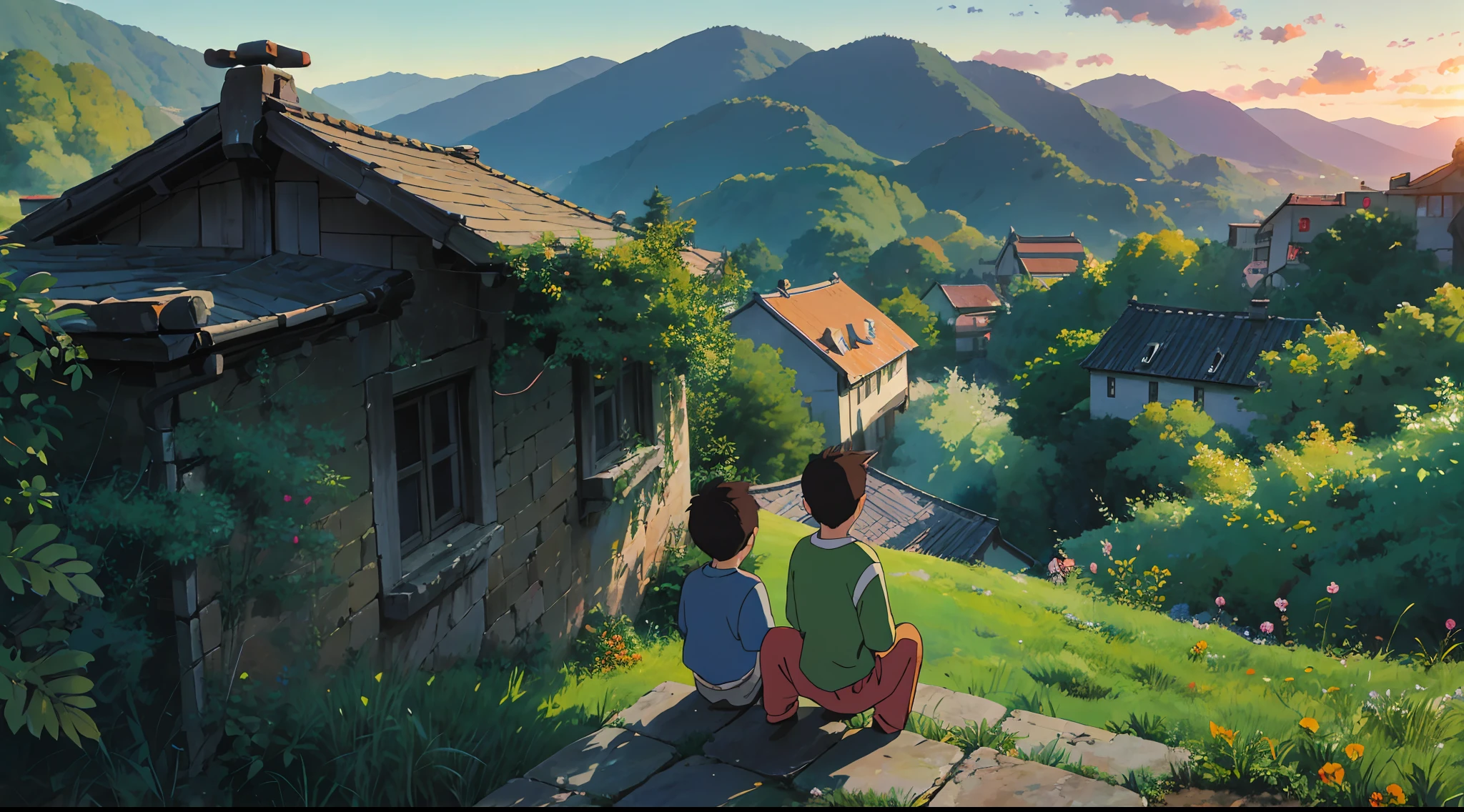 2000s、families、In the countryside of Hubei Province, China、The two brothers each held their legs.、One of the little young boys pointed to the distant scenery、Sitting on the hillside under the eaves、Small green bricks and black tile eaves leaked from the foreground above.、The viewpoint was watching the sunset from afar over the shoulders of two little boys、 And the edge of the distant blue sky is slightly orange-red、It was a realistic oil painting