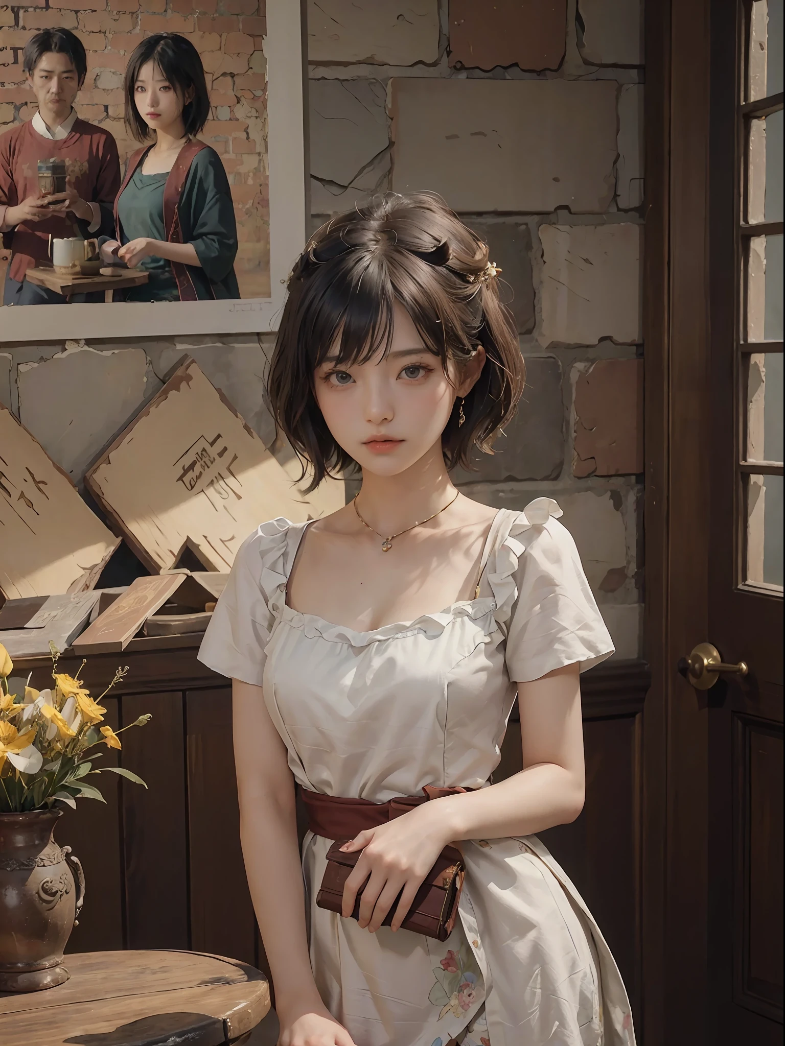 (RAW Photography、top-quality)、(realisitic、Photorealsitic:1.3)、top-quality、high-detail、masterpiece、ultra-detailliert、illustratio、1girl、((very_short_hair))、dynamic ungle、world masterpiece theater、((Regular_hairstyle))、top-quality、the Extremely Detailed CG Unity 8K Wallpapers、inky、magnifica、电影灯光、lens_flare、dunhuang_style、Beautiful brick wall、vases、Hotels in London