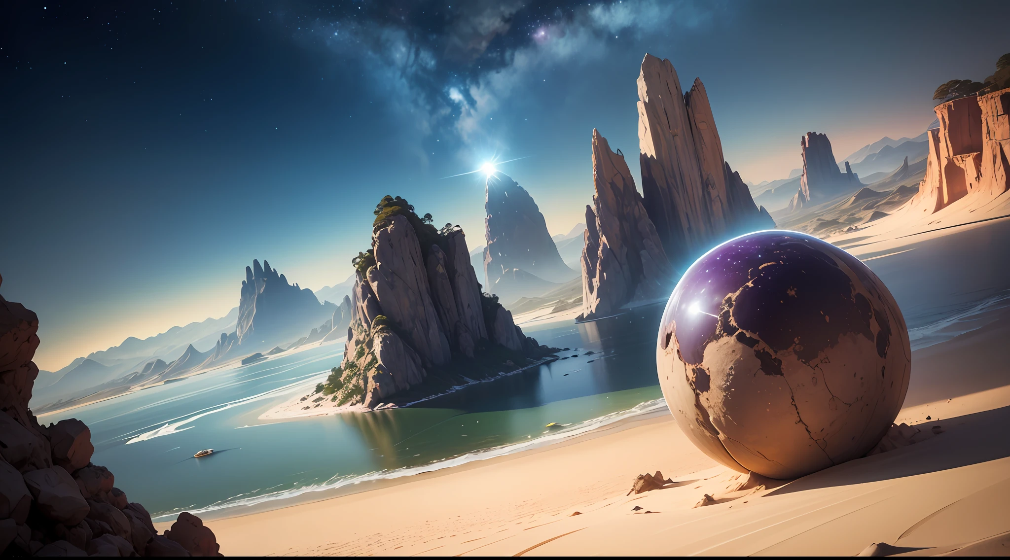 Uma foto de paisagem ampla, pan, (vista de longe, The sky is above and the open field is below), in the distance a large futuristic city on Mars, cidade cyberpunk, Spaceships fly over the city, (lua cheia: 1,2), dim sky, noite escura estrelada, (meteoro: 0,9), (nebulosa: 1,3 ), montanhas distantes , dunas de areia, (Luz Quente: 1.2), (estrelas: 1.2), Luzes, Muito Roxo e Laranja, Detalhes Intrincados, volumetric lighting BREAK (Obra-prima: 1.2), (Melhor Qualidade), (papel de parede 8k extremamente detalhado), foto realismo, octane render, NVIDIA ray tracing, 4k, Ultra Detalhado, (dynamic compositing: 1.4), Rico em Detalhes e Cor, (rainbow color: 1.2), (Brilho, Atmospheric Illumination), Sonhador, magica. --auto