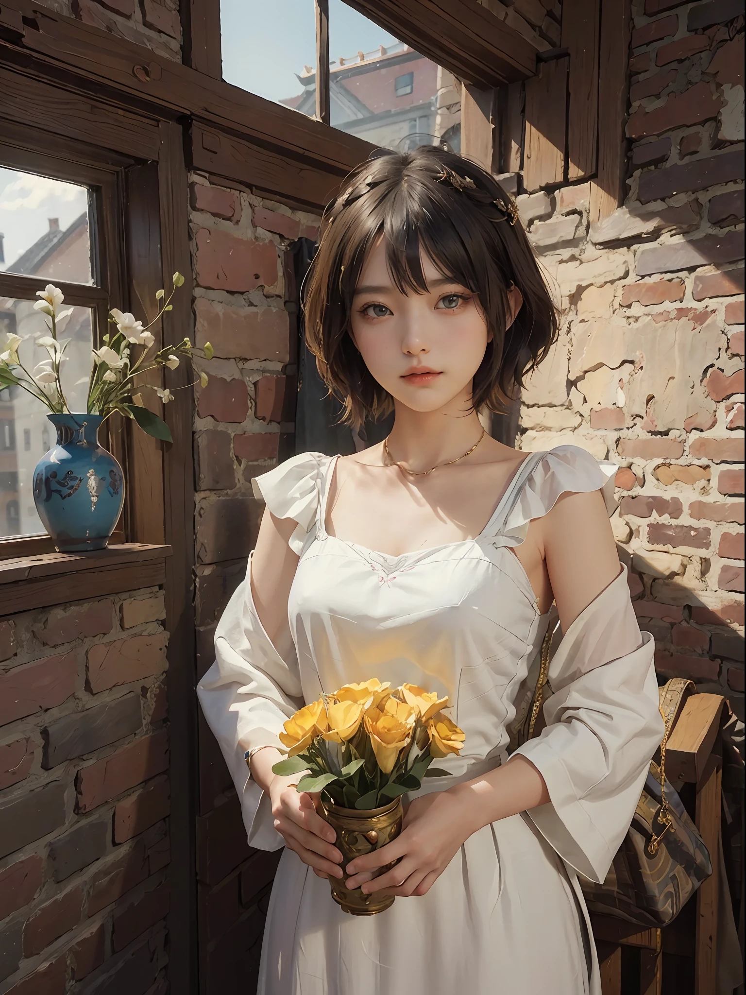 (RAW Photography、top-quality)、(realisitic、Photorealsitic:1.3)、top-quality、high-detail、​masterpiece、ultra-detailliert、illustratio、1girl、((very_short_hair))、dynamic ungle、world masterpiece theater、((Regular_hairstyle))、top-quality、the Extremely Detailed CG Unity 8K Wallpapers、inky、magnifica、电影灯光、lens_flare、dunhuang_style、Beautiful brick wall、vases、Hotels in London