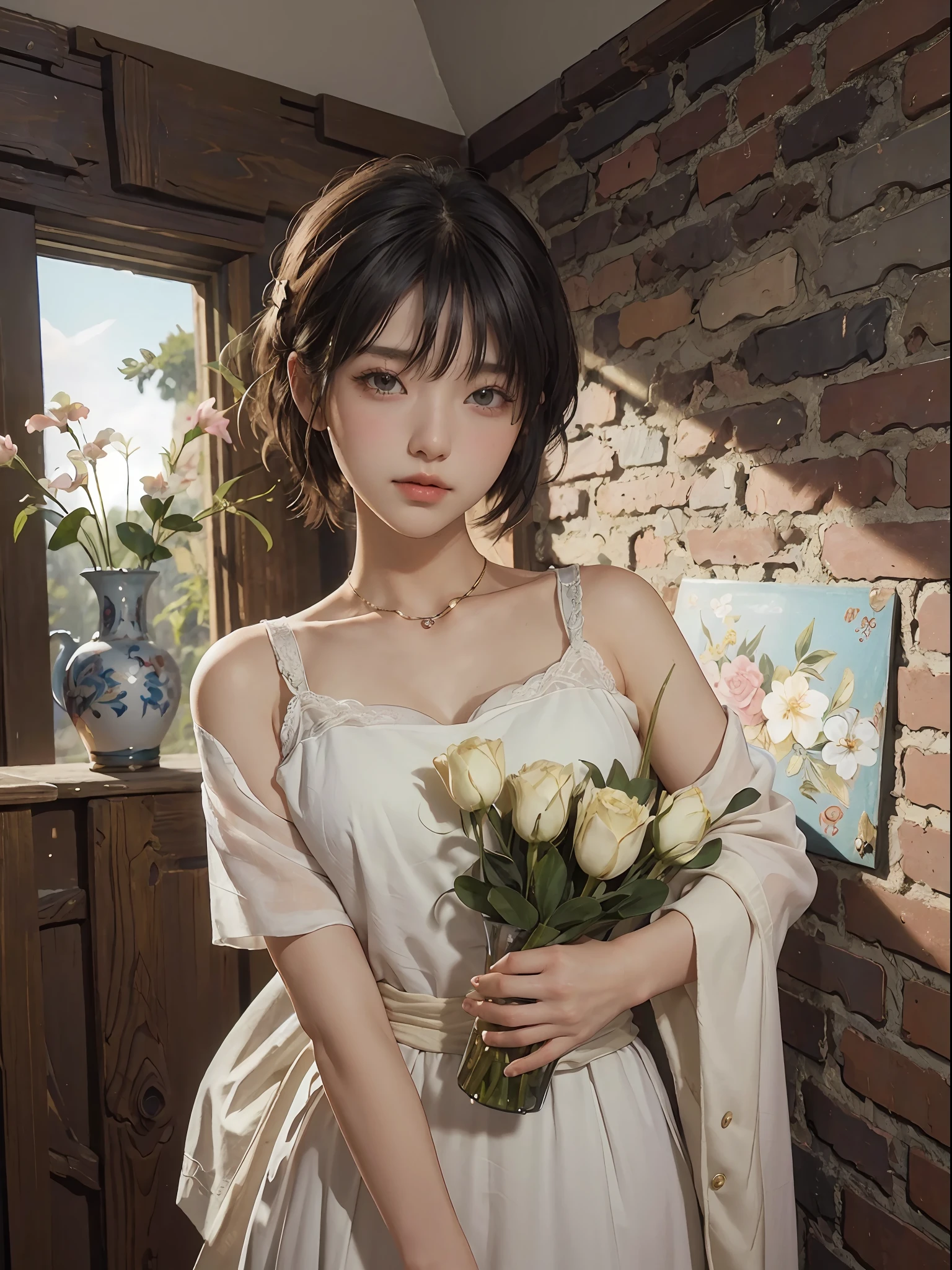 (RAW Photography、top-quality)、(realisitic、Photorealsitic:1.3)、top-quality、high-detail、masterpiece、ultra-detailliert、illustratio、1girl、((very_short_hair))、dynamic ungle、world masterpiece theater、((Regular_hairstyle))、top-quality、the Extremely Detailed CG Unity 8K Wallpapers、inky、magnifica、电影灯光、lens_flare、dunhuang_style、Beautiful brick wall、vases、Hotels in London