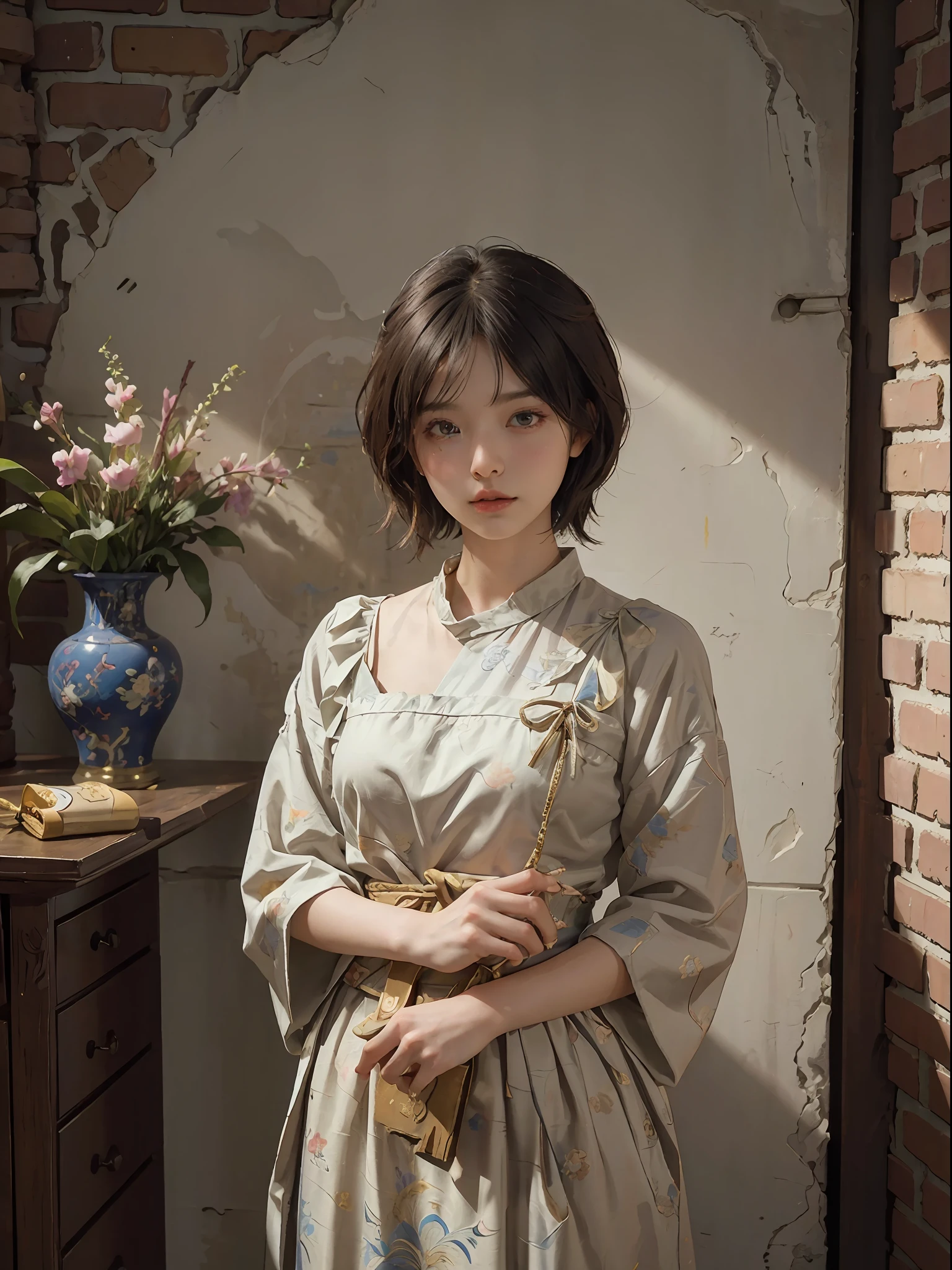 (RAW Photography、top-quality)、(realisitic、Photorealsitic:1.3)、top-quality、high-detail、​masterpiece、ultra-detailliert、illustratio、1girl、((very_short_hair))、dynamic ungle、world masterpiece theater、((Regular_hairstyle))、top-quality、the Extremely Detailed CG Unity 8K Wallpapers、inky、magnifica、电影灯光、lens_flare、dunhuang_style、Beautiful brick wall、vases、Hotels in London