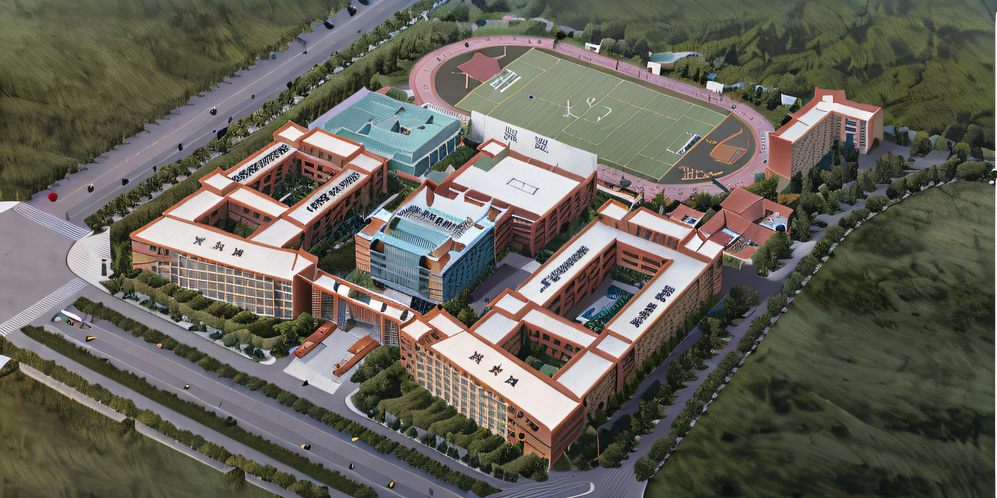 Aerial view of the school building with basketball and football fields, hq very detailed, school courtyard, Inspired by Zou Yigui, High school, Student, Japan High School, [ down view ]!!, nanquan, ultra - detailed!!, Eat Zhuoxin, top - view, CG rendering, ultra - detailed!!!, 2 d axonometric overhead view