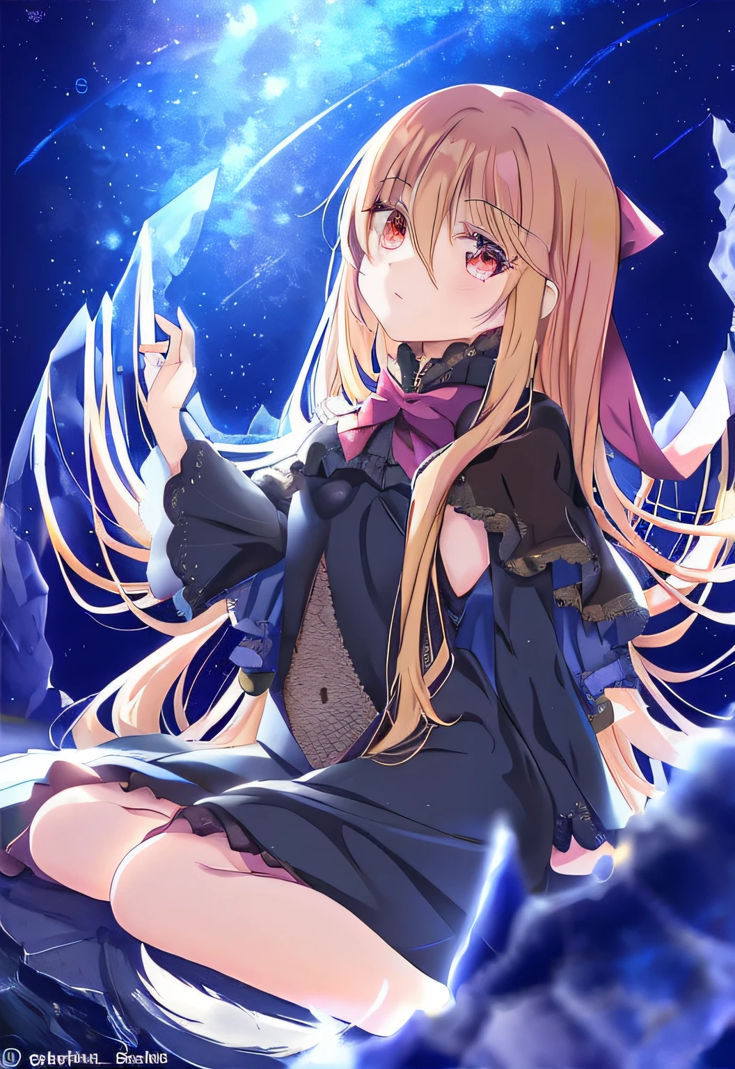 Anime girl sitting on stone, marisa kirisame, alchemist girl, anime visual of a cute girl, Splash art anime , Epic light novel art cover, light novel cover art, Marin Kitagawa fanart, Blonde anime girl with long hair, Detailed key anime art, anime moe art style, lolidress, The background is a shining shooting star,Increase eye detail,