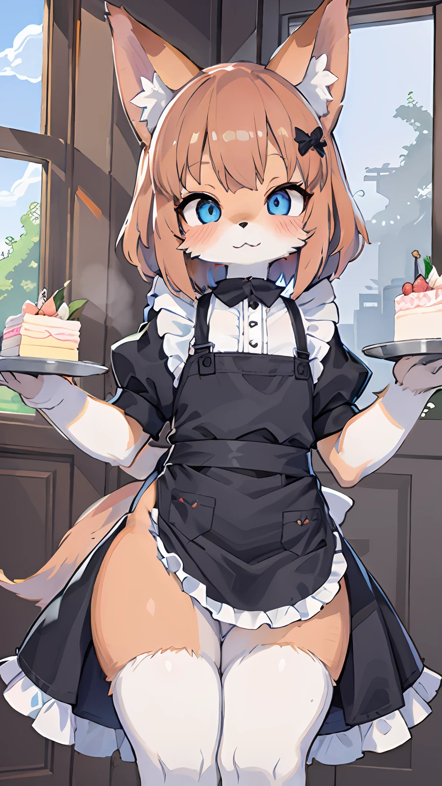 anime girl with blue eyes and a brown apron, Furry, furry art, cute furry mini style, small curvy loli, Holo is a wolf girl, (NSFW), White fox anime, female fursona, catgirl anime, White Cyan Made　Maid Cafe　a cake