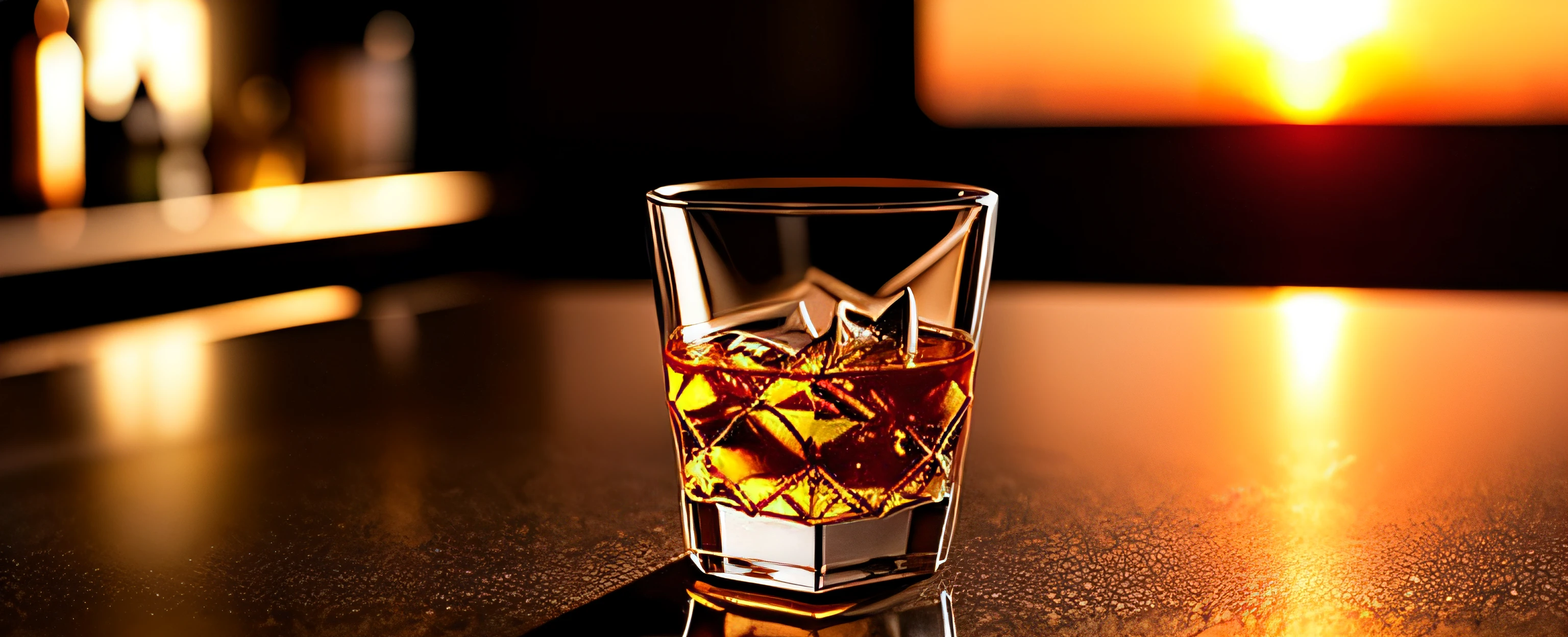 One glass of whiskey on the bar counter at sunset　Clean round ice and clear glass