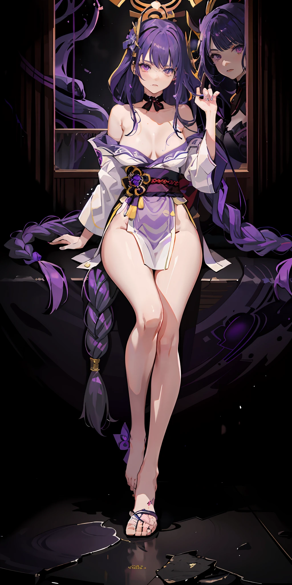 1girll, Full body like,Purple hair, long whitr hair,Messy hair,semi transparent,Disdainful expression,Purple eye, sportrait, photorealestic, Towels, (Onsen), side-lighting, the wallpaper, NSFW,Raiden Shogun,dyna