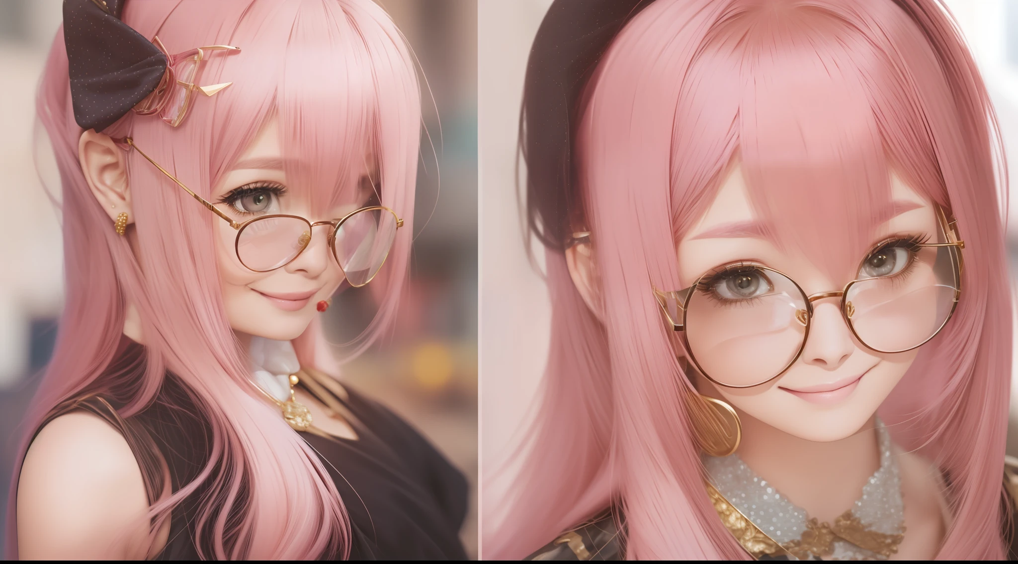 (Pink hair,+femele,shift dresses:1.2,Perfect face,Real human skin,that attracts attention,Gold-rimmed glasses frame:1.1,Reddish cheeks,+ssmile:1.2)+Realistic background,the street,blur backgroun