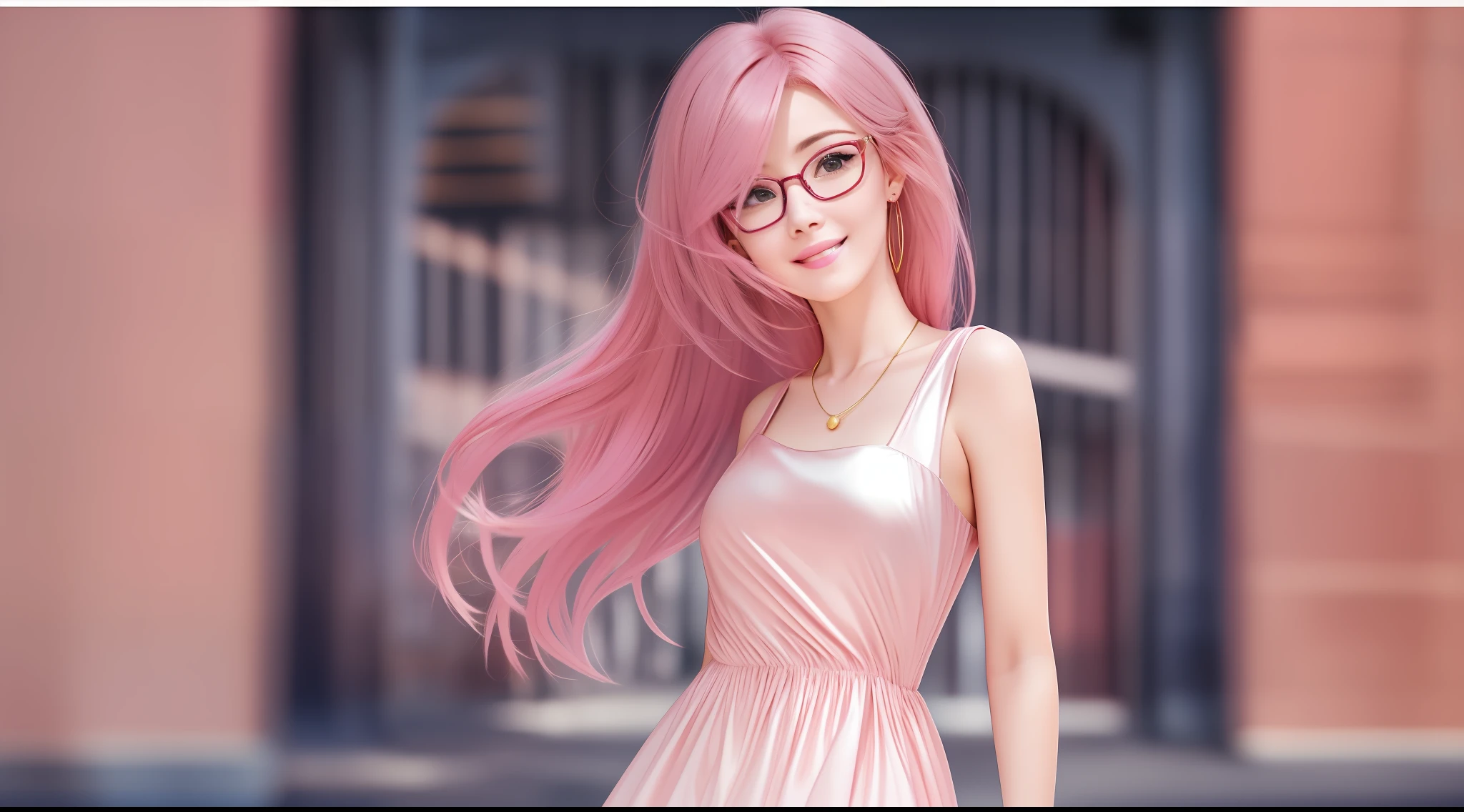 (Pink hair,+femele,shift dresses:1.2,Perfect face,Real human skin,that attracts attention,Gold-rimmed glasses frame:1.1,Reddish cheeks,+ssmile:1.2)+Realistic background,the street,blur backgroun