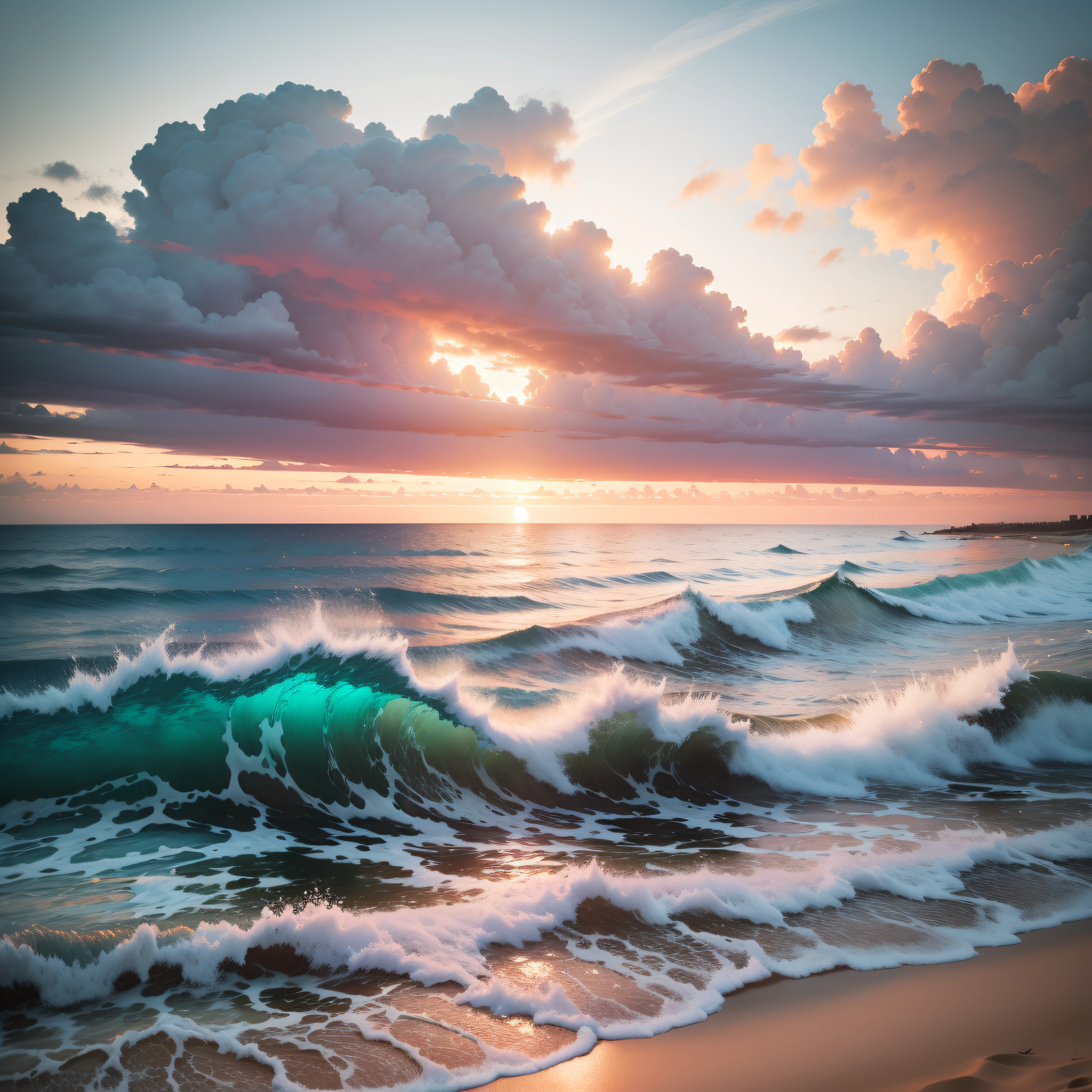 An absolutely mesmerizing sunset over the beach, with a blend of oranges, pinks, and yellows filling the sky. Crystal-clear waters of the sea gently kissing the shore, with sandy white beach stretching far and wide. The scene is dynamic and breathtaking, with seagulls soaring high in the sky and gently swaying palm trees. Take in the calming atmosphere and let the peacefulness wash over you.
