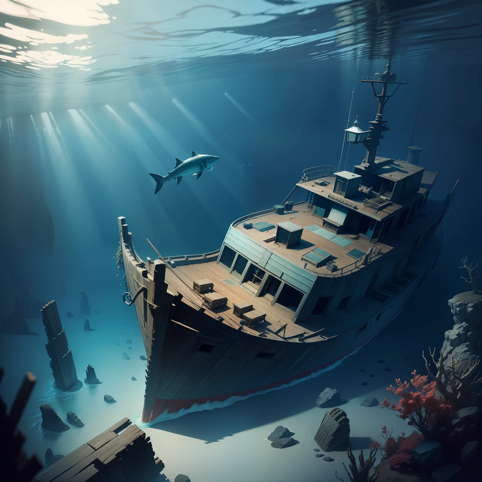 Freediver，When exploring the deep sea，Discover the treasure of a ruined wooden shipwreck