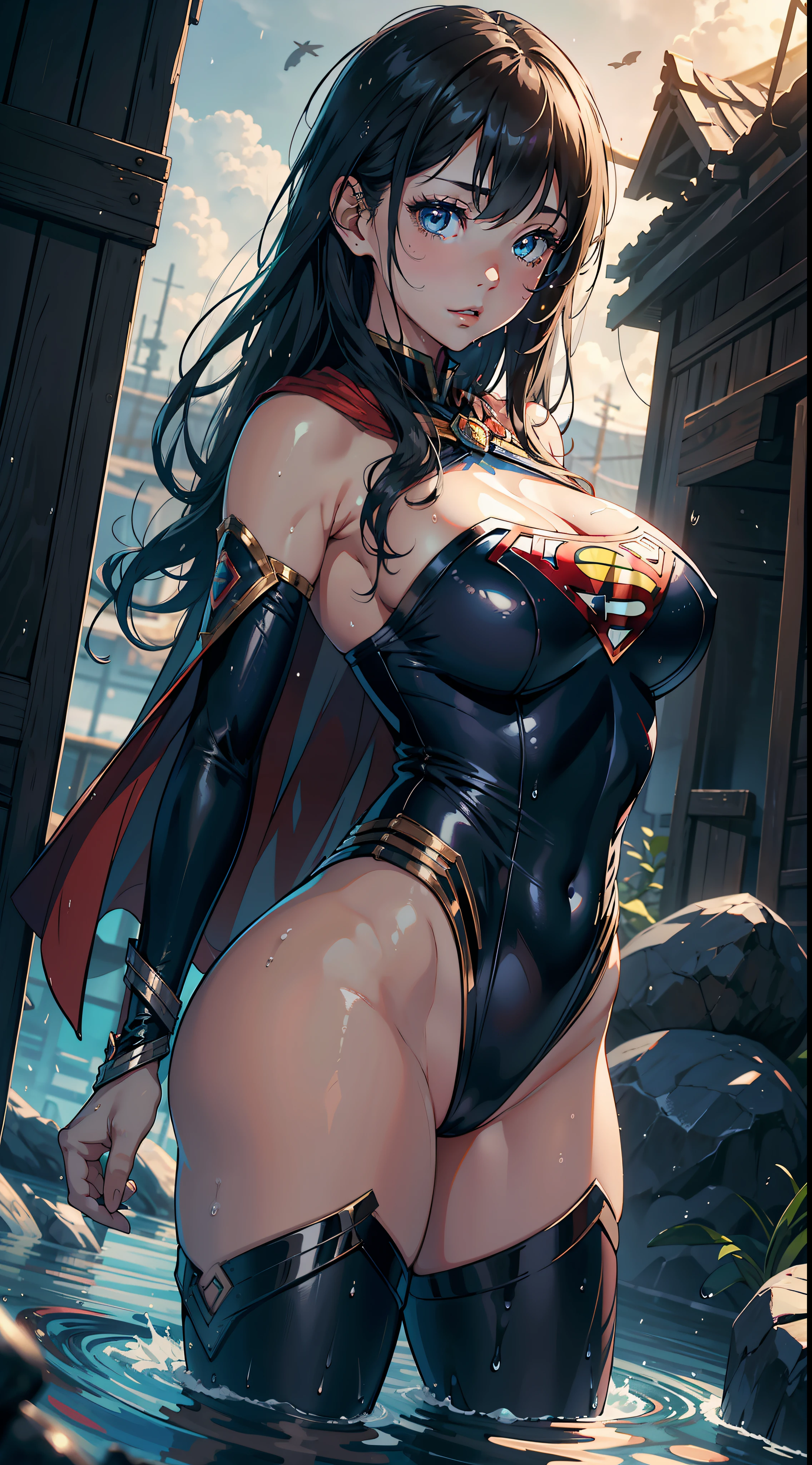 1girll,Huge breasts, themoon, 独奏, hair adornments, She's wet, Erotic blue transparent Superman uniform,Supergirl,Take aphrodisiacs,Lewd expression, exteriors, Skysky, brunette color hair,long hair flowing, exposed bare shoulders, standing on your feet, nigh sky,Bigchest, wetclothes, From the front side, hair straight, mostly cloudy sky, Wet hair (((tmasterpiece),(Very detailed CG unity 8K wallpaper),best qualtiy,,独奏,1girll,cinmatic lighting,detailed back ground,beatiful detailed eyes,Bright pupils,(Very fine and beautiful),(Beautiful and detailed eye description),ultra - detailed,tmasterpiece,)),facing at camera,Leakage out of the breast,Expose the lower body,nakeness,leering,Protruding underparts,Camel toes,cleavage,absurderes,A high resolution,ultra - detailed),she is soaking wet,Rained,1girll,独奏,mature,(Very long hair,brunette color hair),,比基尼,cleavage,nakeness,Obscenity,legs are open,Emotive expressions,Open-mouthed,Pussy bulge,with no underpants,Expose the genitals,Camel toes,Protruding ,extremely large bosom,Cocked buttocks,Raised sexy,Colorful,Most detailed,The upper part of the body,exteriors,the roof