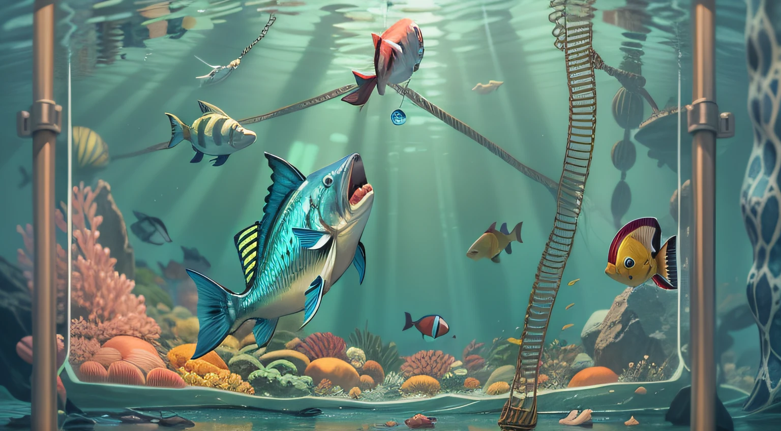 A fish in the depths of the sea,A fish hook hangs from above,A tempting bait hangs from the hook,The fish is preparing to eat it。