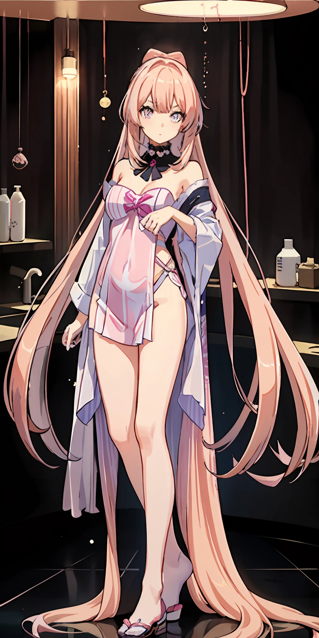 1girll, Full body like,Pink hair, long whitr hair,Messy hair,semi transparent,Disdainful expression, photorealestic, Towels, hot onsen, side-lighting, the wallpaper, NSFW,dyna
