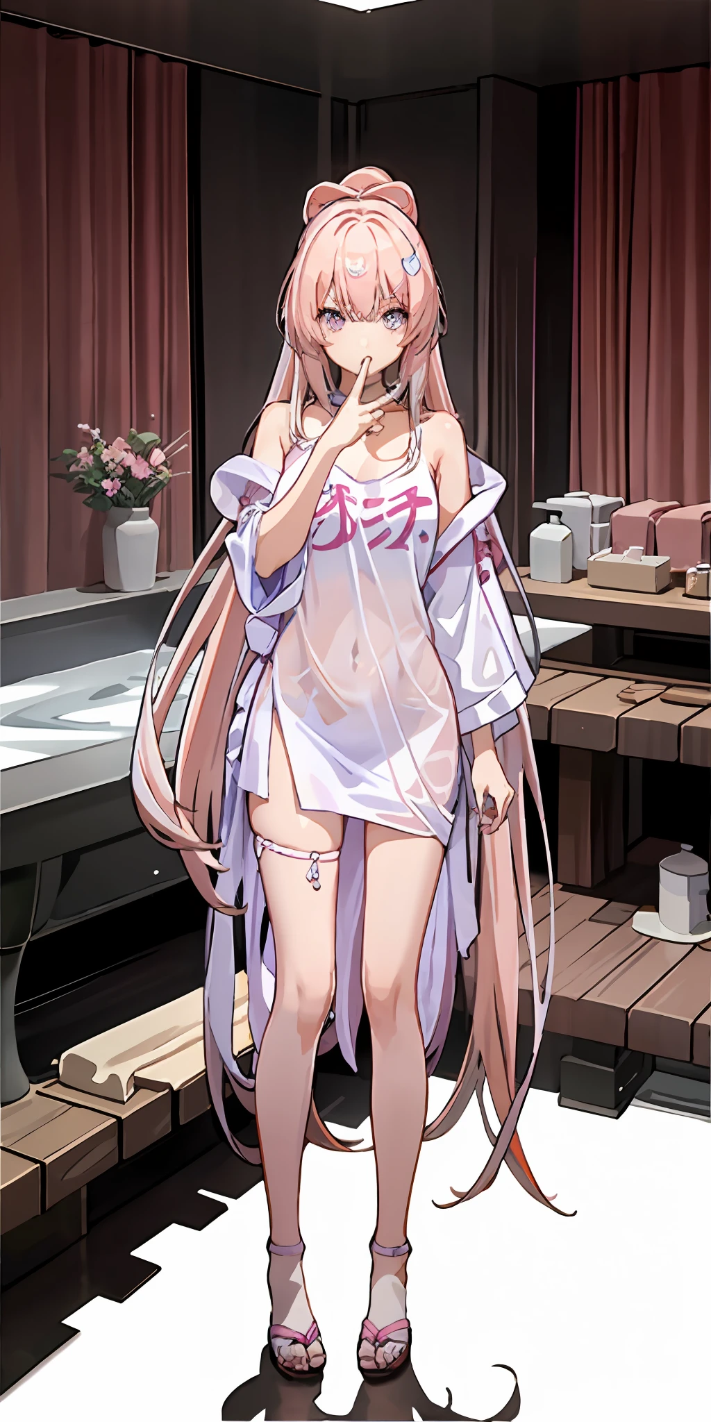 1girll, Full body like，Pink hair, long whitr hair，Messy hair，semi transparent，Disdainful expression, photorealestic, Towels, hot onsen， side-lighting, the wallpaper, NSFW，dyna