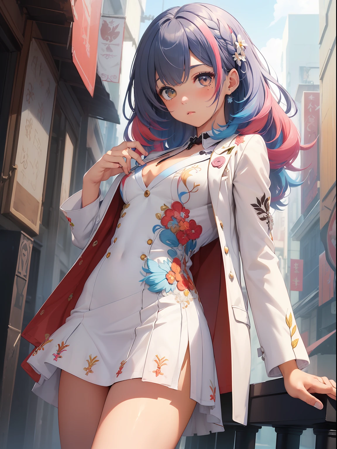 absurderes、ultra - detailed、tmasterpiece、top-quality、Break、offcial art、(aestheticly pleasing:1.2)、(watercolor paiting:curly)、Break、a beauty girl、(kawaii:⒈3)、Break、((Split color hair:1.4、Seven-colored hair:1.4))、striated hair、((Random hairstyle))Splash、(Hair mixed in random colors:1.2)、(フラクタルアート1.3)、Break、Cat's ears、(Ultra-thin hands and fingers:1.2)、((white suit jacket,Adorned with super details and embroidered motifs、Dress with open chest、A miniskirt:1.5))Break、((heterochromia iridis、Break、Variegated eyes))、Break、Since a while ago:1.2、looki at viewer、Break、Super detailed Shibuya sunset、Shyness、Red blush、Lovely embroidered white,fully body photo,blackstockings