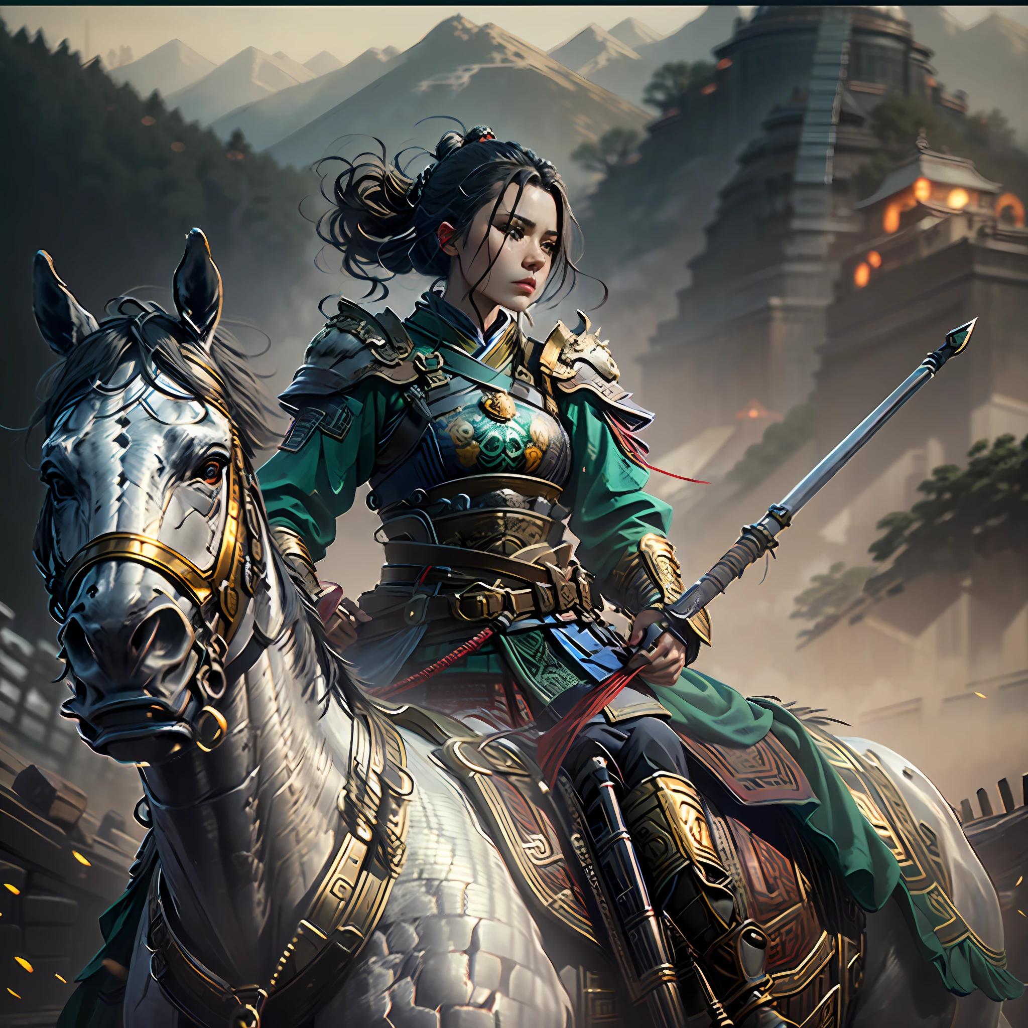 in a panoramic view，sportrait，photorealestic，Modern style，Blue sky, the great wall，3girl，Three American generals，Dressed in gorgeous golden Chinese armor，Golden helmet，Riding a black war horse，holding sabre，Stand in front of the Great Wall，Sharp eyes，professinal，Meistwick，commissioned，best qualtiy，color corrected，After fixation，Retouching，Improvement，Epic，Tone-mapping，the detail， highly  detailed， digitial painting， art  stations， Conceptual map of the long dam， Smoothness， Sharp focus， Beautiful illustration， photore， The light from the back window is backlighted， 动态照明， Mist， 复杂， cinematic grain， professinal， face to the viewer，（Beautiful m3d_woman， Perfect M3D_face,）， Volumetriclighting， subsurfacescattering， Good highlights， Good shadows， cinematic ligh