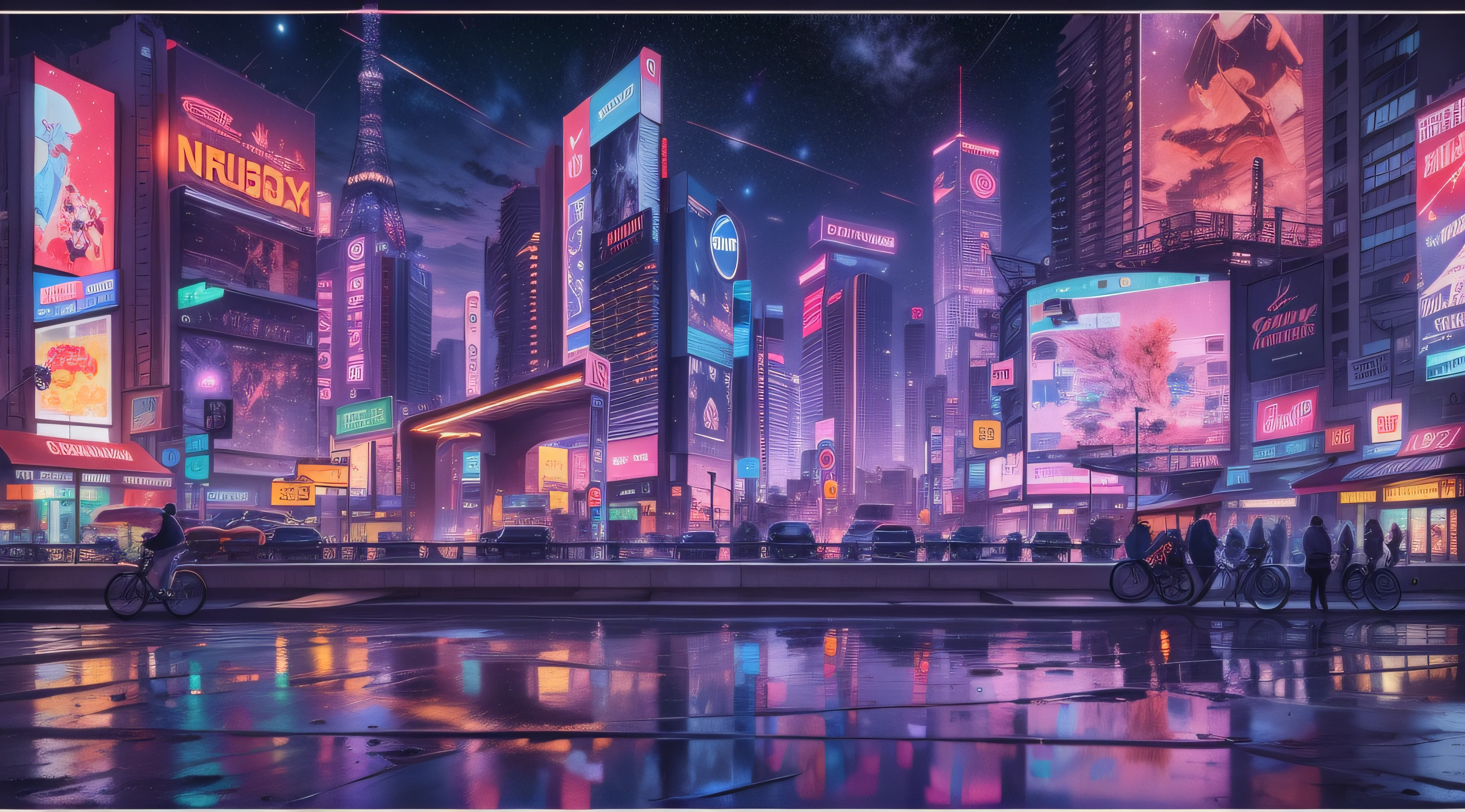 City night view, high-rise buildings, neon flashing, exquisite, giant billboards, starry sky