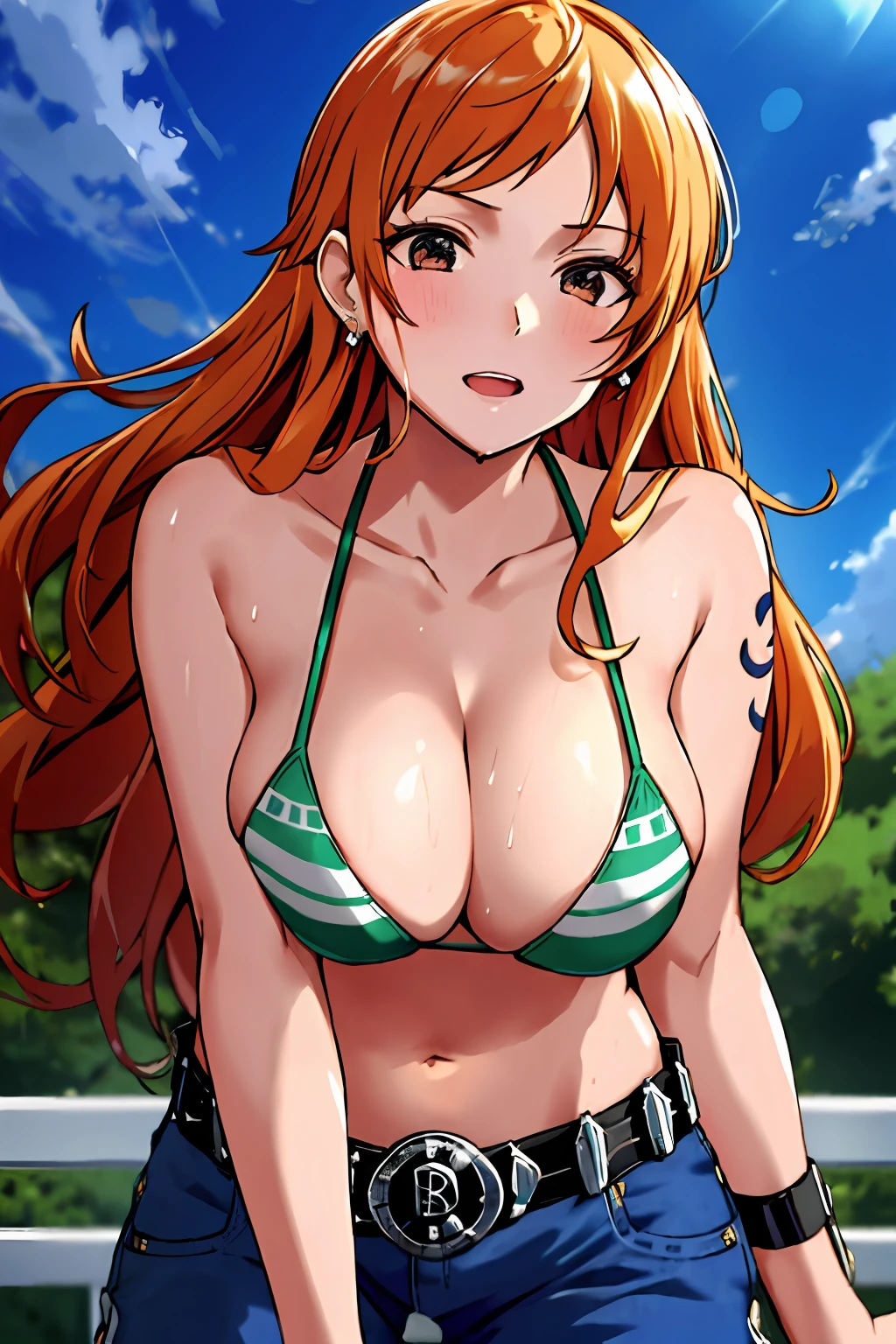 detailed background, masterpiece, 4k, best quality, late youth, adult, wrestler body, 1girl, active, energic, uppercut, (large mouth) , solo, nami \(one piece\), 1girl, bangle, (very wet, drenched in sweat, sweat all over body, very wet hair, tired, taking breath, open mouth, hand on stomach, sweaty face, sweaty body, panting, sweating too much, shiny sweat, sweat stains, leaning forward, tilting, hands on knees), perfect detailed face, bold drawing lines, muscular arms, detailed bold arm lines, flat jaw, adult woman, wavy wide streaked bangs, floating bang streaks, (big cheeks), bare shoulders, off-shoulders, belt, bikini, bikini top only, blue sky, bracelet, springy breasts, breast lines, big round eyes, plain big brown shiny eyes, bubbles, high eye position, cleavage, cloud, day, denim, earrings, floating hair, shiny hair, green belt, green bikini, bold groin lines, jeans, jewelry, large breasts, log pose, long hair, looking at viewer, navel, wet hair, orange hair, pants, shoulder tattoo, sidelocks, sky, solo, standing, stomach, swimsuit, tattoo , looking at viewer, open mouth, detailed left arm, big forehead, hourglass figure, small head, toned body, wide hair, wind effect, sun effect, under the sun, narrow small ears angle, older, random poses,