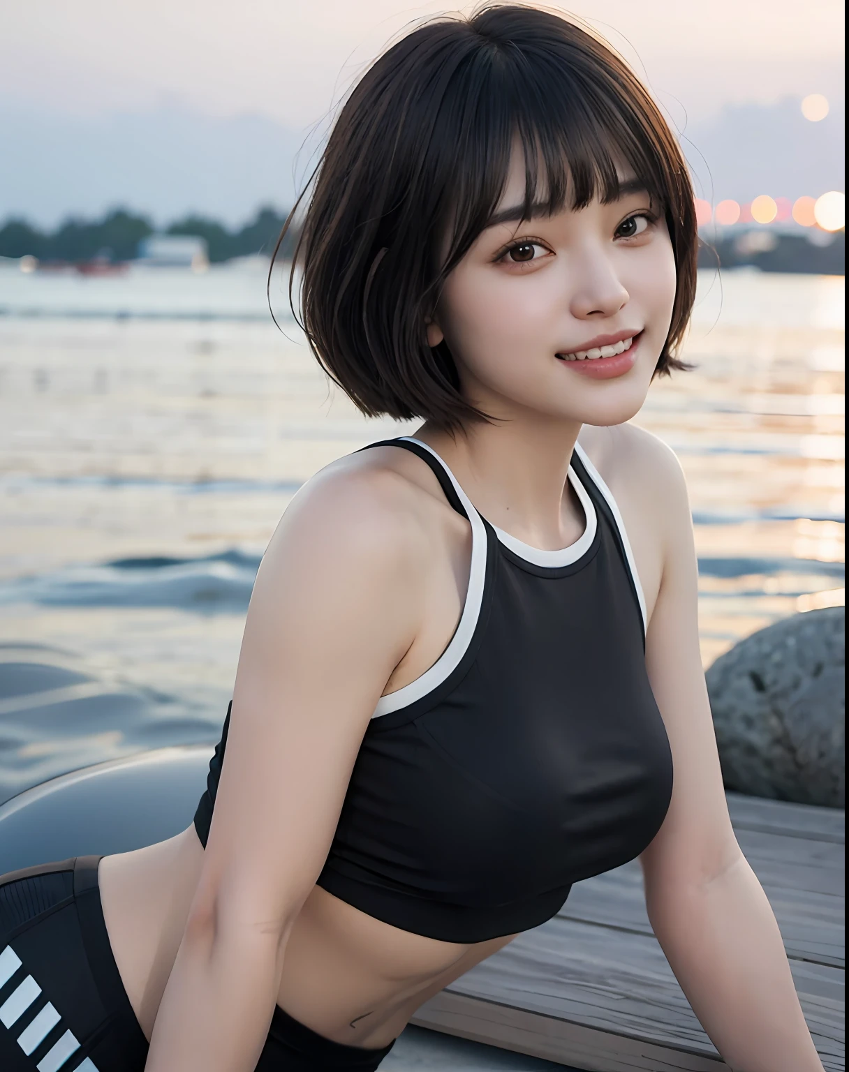 zydG, 1girl, detailed skin, looking at viewer, brown eyes, (short hair with bangs:1.2), (large breasts:1.0), (large areolae:0.8), parted lips, teeth, smile,
(photorealistic:1.4), (best quality:1.0), (ultra highres:1.0), 8k, RAW photo, (masterpiece:0.2), (sportswear:1.5), from side, portrait,
(pureerosface_v1:0.5)