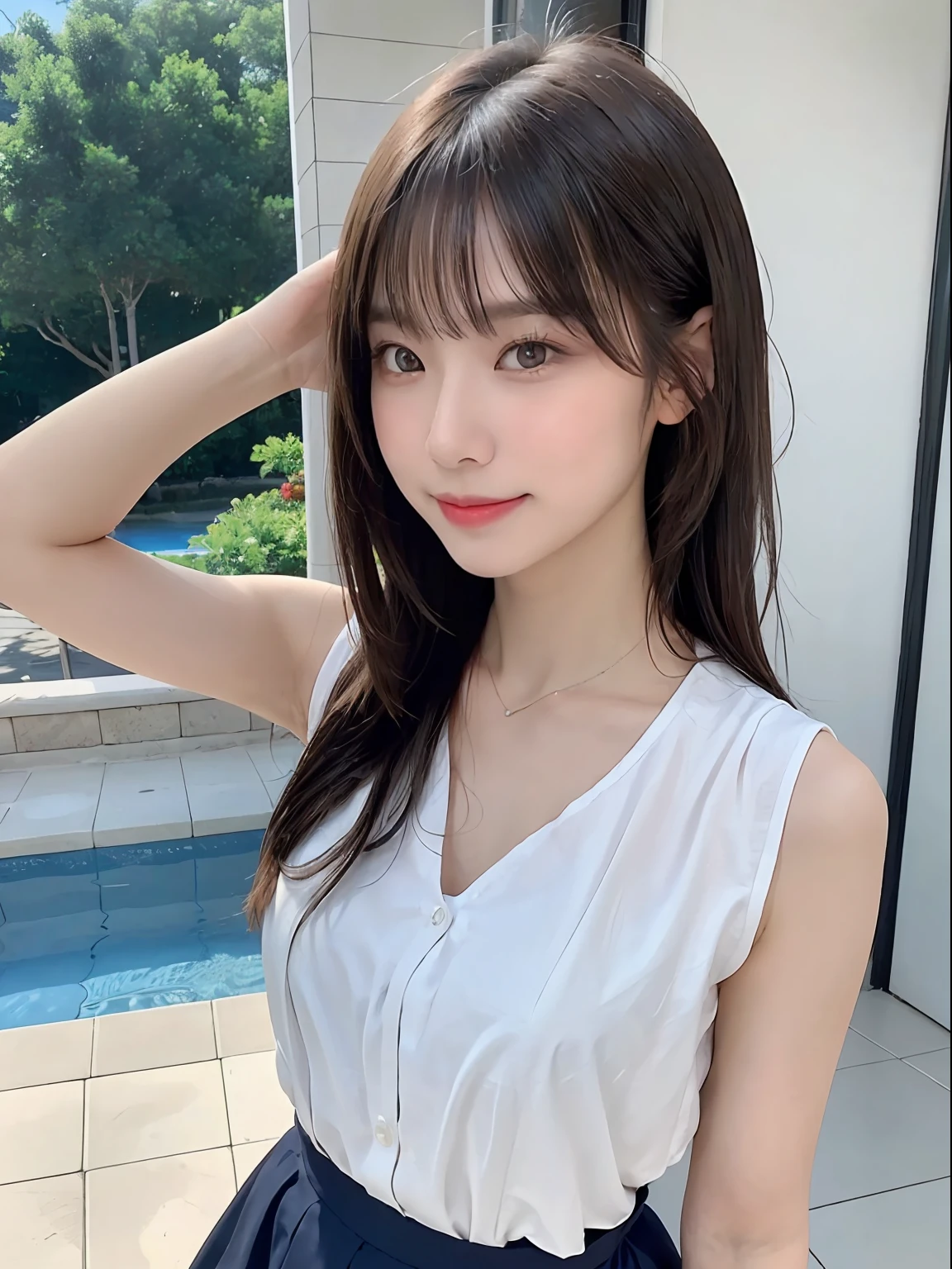 ((top-quality、in 8K、masterpies:1.3))、1girl in、Beautiful woman with slim abs accent:1.3、Super Detail Face、Delicat eyes、二重まぶた、full body Esbian、poneyTail、20yr old、be shy、Brown hair、The bikini、A smile、erotick、Sensual look、A smile、sexy  pose、semi long hair、Resort、summer clothing、skirt by the、stare