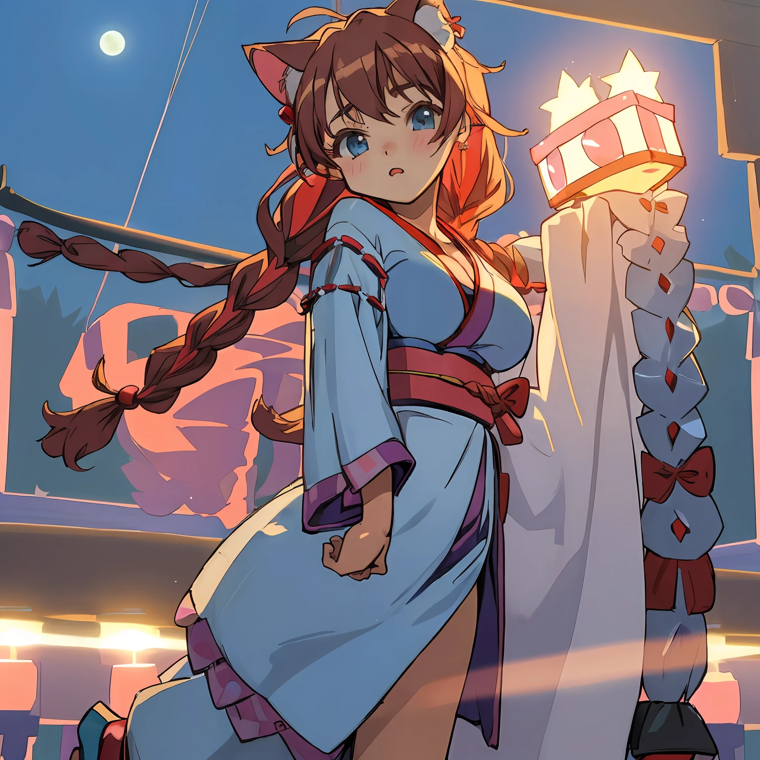 (Highly detailed CG Unity 8k wallpaper), (Best Quality), (Super Detail), (Best Illustration), (Best Shadow), POV, Realistic lighting and shading, Natural light, Lens flare effect, BREAK, 1 beautiful girl, Solo,(Cute:1.5),(Chibi:0.8), (kawaii:1.5),(Lori:0.5), BREAK, ( ( girl), Very detailed, colourfull, highest details, BREAK, (Huge breasts: 1. 2,), Clear skin, Beautiful skin, Shy skin, 1 beautiful girl, Brown hair wet with sweat, (Cat ears, Braids,medium-Long hair: 1. 2), (Light blue eyes, long eyelashes, Double eyelids: 1. 2), Solo, gleaming skin, BREAK,(Komono,bath robe,Dark blue obi kimono:1.2), (White ruffled bra shows off:1.2), (star-shaped earring:1.1), (Hair ornament in the shape of the moon:1.0), (Red clogs:1.3), (Arms spread with high tension:1.1), (is standing,Slouched:1.3), Taking off your t-shirt, (Angle from below,Emphasizes cleavage:1.1), BREAK, (omatsuri:1.2),(Large square,nightclubs,Bon dance,natta,skyrocket:1.5),