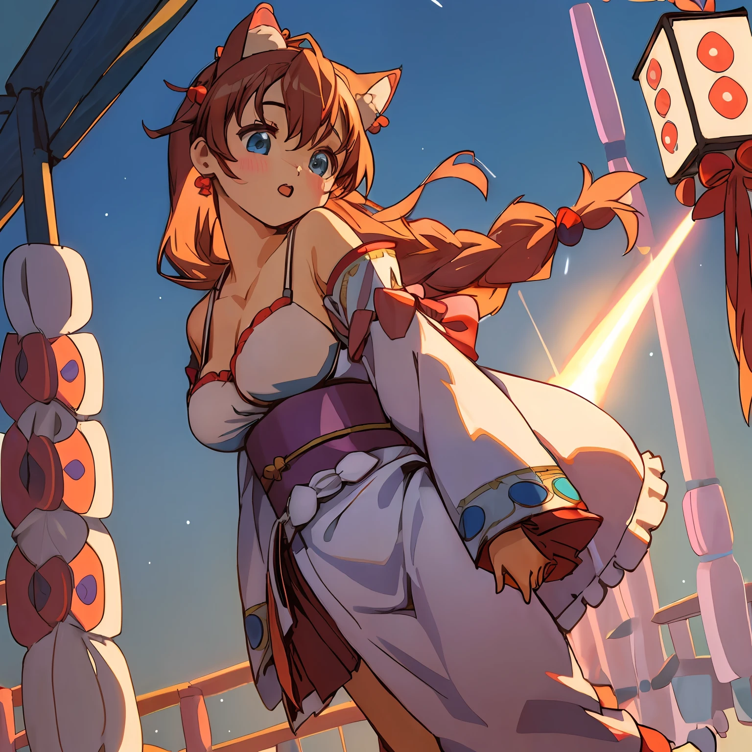 (Highly detailed CG Unity 8k wallpaper), (Best Quality), (Super Detail), (Best Illustration), (Best Shadow), POV, Realistic lighting and shading, Natural light, Lens flare effect, BREAK, 1 beautiful girl, Solo,(Cute:1.5),(Chibi:0.8), (kawaii:1.5),(Lori:0.5), BREAK, ( ( girl), Very detailed, colourfull, highest details, BREAK, (Huge breasts: 1. 2,), Clear skin, Beautiful skin, Shy skin, 1 beautiful girl, Brown hair wet with sweat, (Cat ears, Braids,medium-Long hair: 1. 2), (Light blue eyes, long eyelashes, Double eyelids: 1. 2), Solo, gleaming skin, BREAK,(Komono,bath robe,Dark blue obi kimono:1.2), (White ruffled bra shows off:1.2), (star-shaped earring:1.1), (Hair ornament in the shape of the moon:1.0), (Red clogs:1.3), (Arms spread with high tension:1.1), (is standing,Slouched:1.3), Taking off your t-shirt, (Angle from below,Emphasizes cleavage:1.1), BREAK, (omatsuri:1.2),(Large square,nightclubs,Bon dance,natta,skyrocket:1.5),