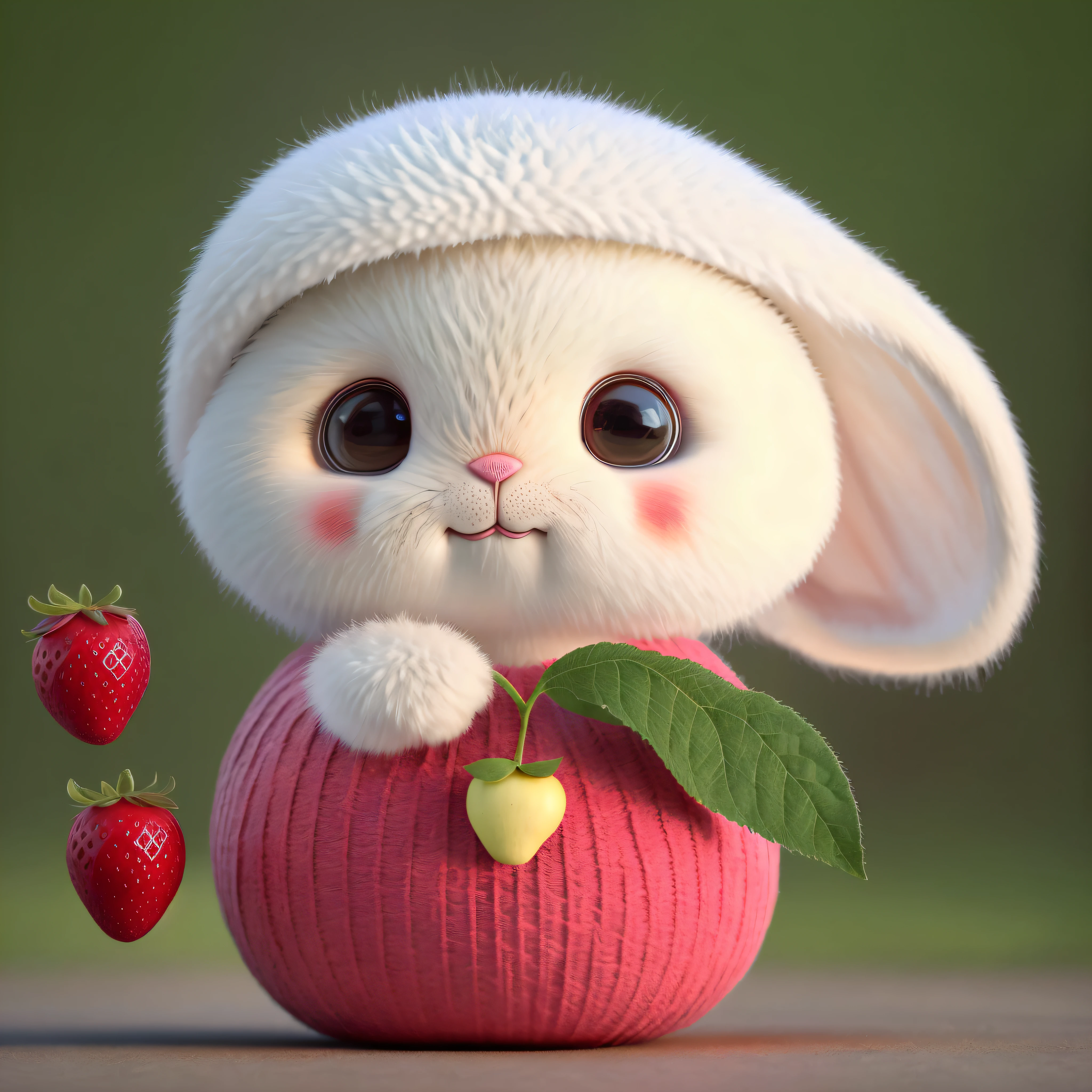 : 3. bunny, realistic, furry animal, apple, black eye, blush, cherry, food, fruit, full body, hat, non-human, strawberry, tomato, watermelon