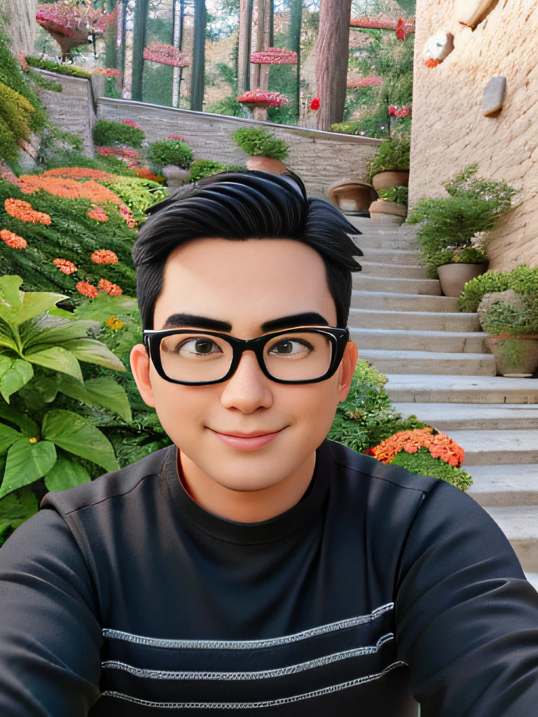 Disney  style，high high quality，Masterpiece，35-year-old man，Single eyelid，Asian people，chineseidol，ssmile，Light lips，A handsome young man , keep the consistency of action ，expression , Clothing , shape and appearance of the photosh , Super detail , blender , deflate , ip , blindbox , cinematic edge lighting，black t-shirts，Single Eyelids，Squint your eyes，Black glasses frame，Look straight ahead with both eyes，The eyeball is located in the center of the eye, It can't be cross-eyed，Rectangular faces，clean short hair，Clean background screen