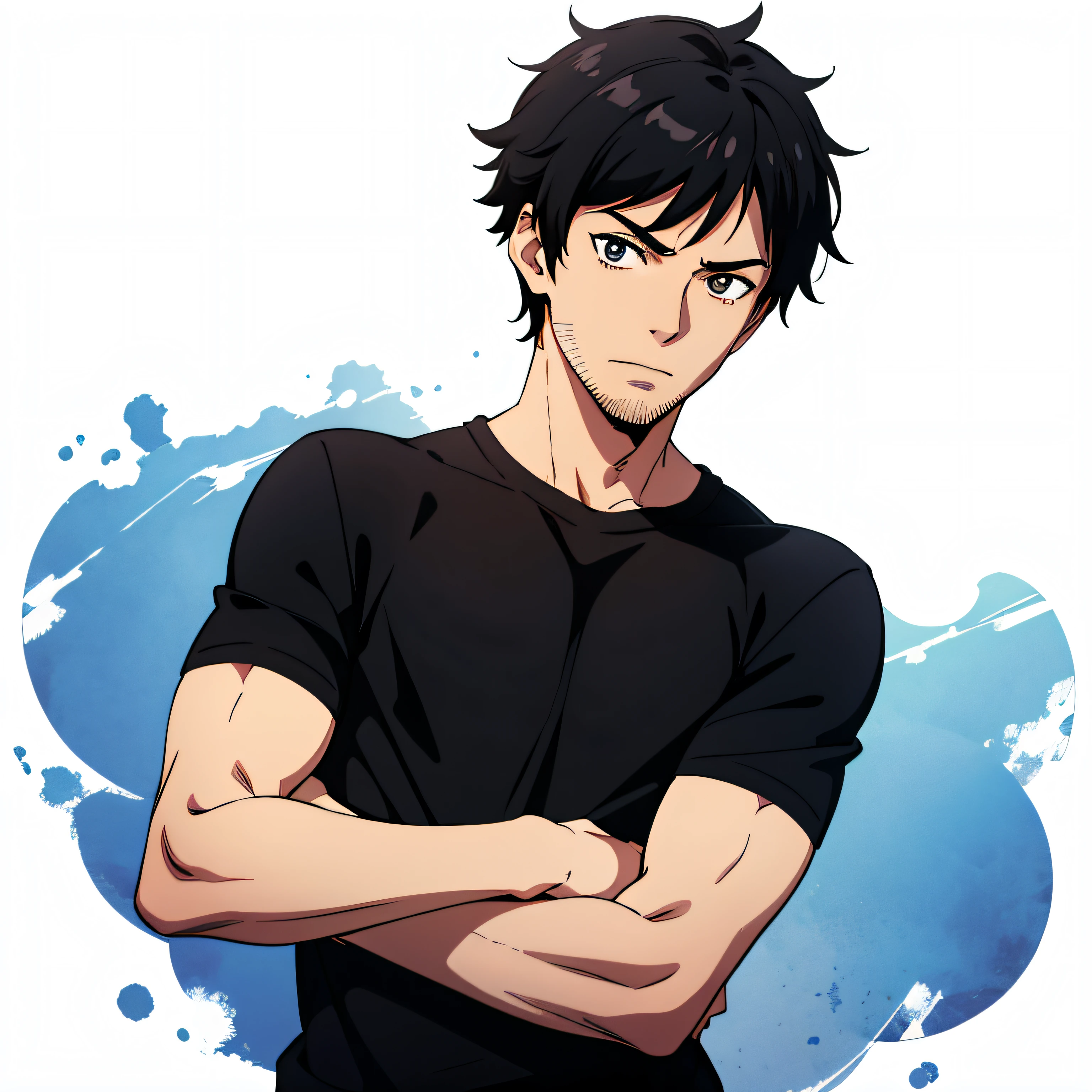 Anime Guy, The upper part of the body, Wearing a black shirt, short-haired, Black hair, Stubble、White or transparent background