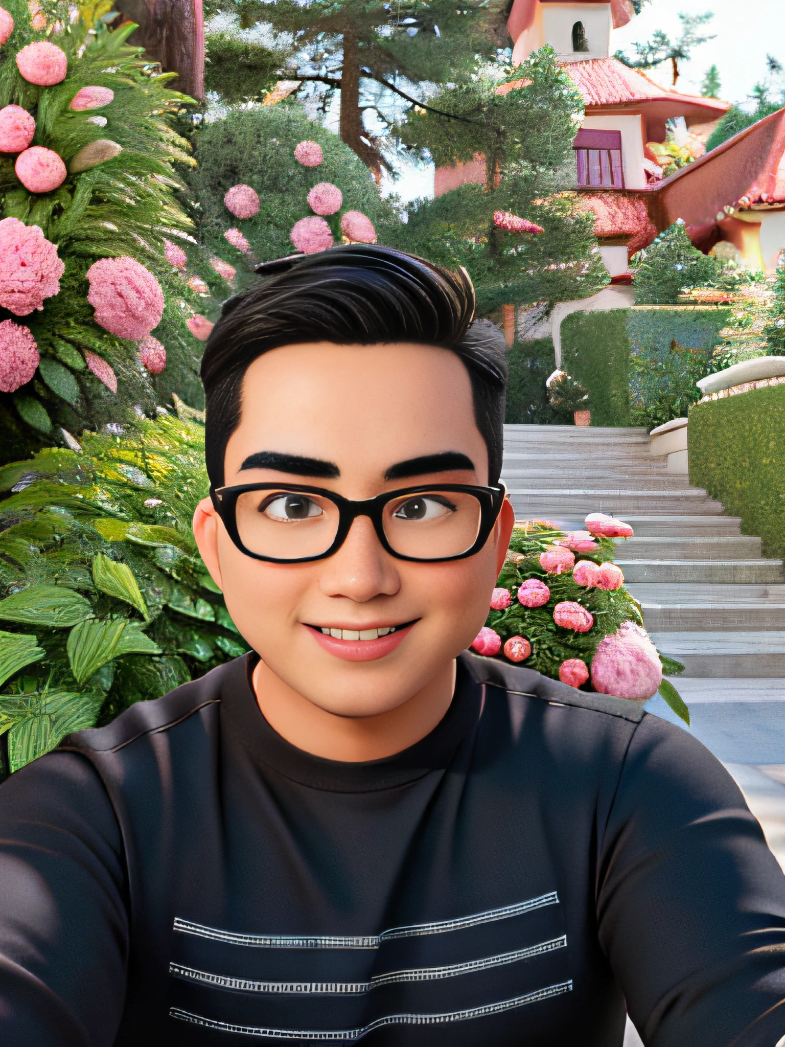 Disney  style，high high quality，Masterpiece，32-year-old male，Single eyelid，Asian people，chineseidol，Smile，Thick lips，A handsome young man , keep the consistency of action ，expression , Clothing , shape and appearance of the photosh , Super detail , blender , deflate , ip , blindbox , cinematic edge lighting，black t-shirts，Single Eyelids，petty eyes，Black glasses frame，Look straight ahead with both eyes，The eyeball is in the center of the eye，Rectangular faces，clean short hair，Clean background screen