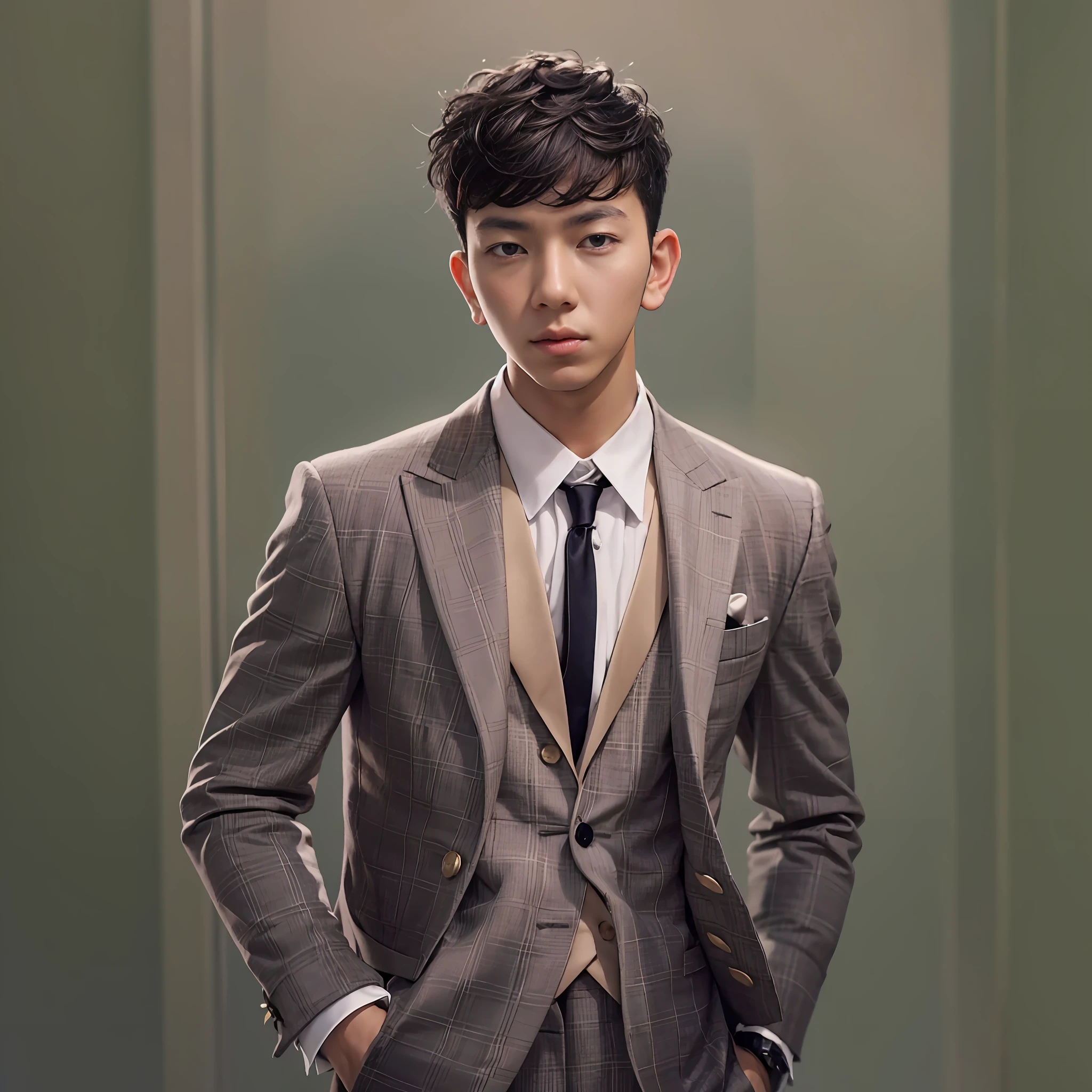 "an asian young man, wearing a stylish and sophisticated gentleman suit"