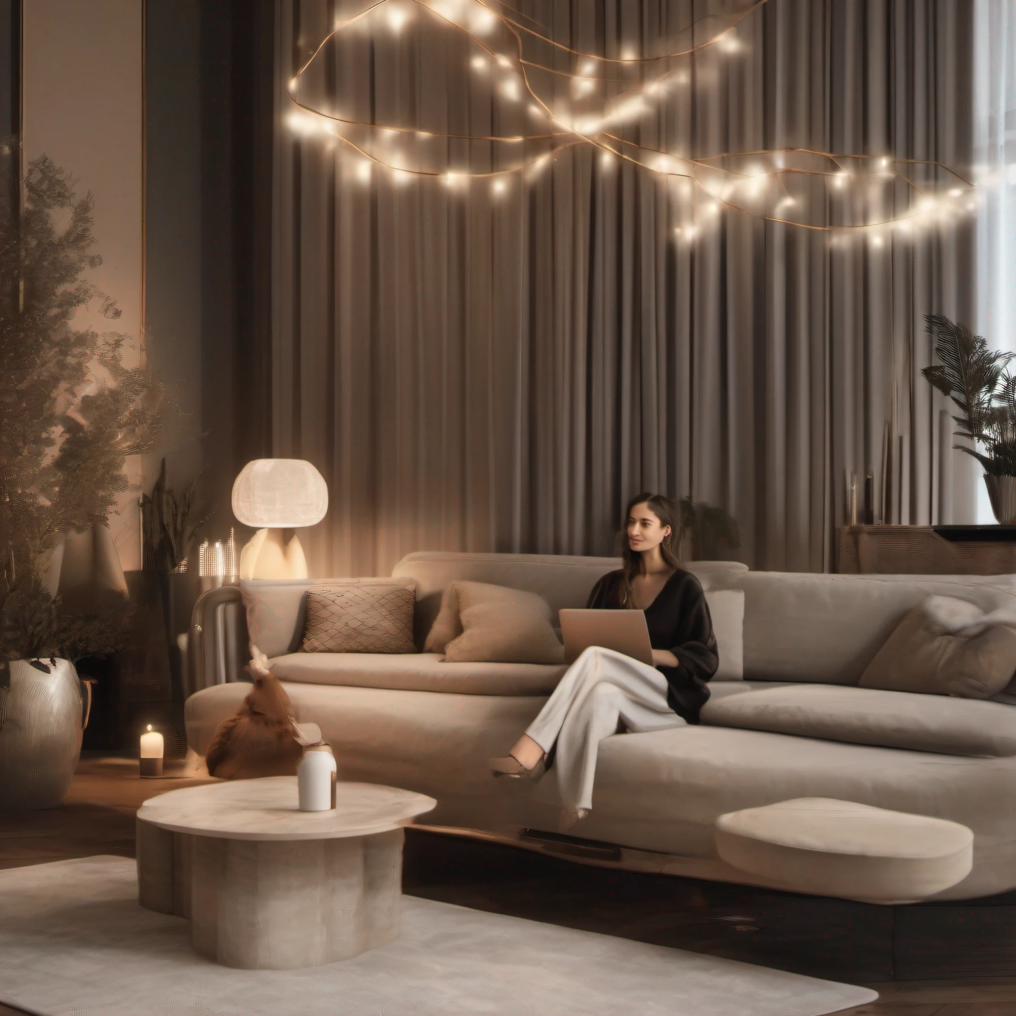 The Alfid woman sat on the sofa in the living room，holding laptop, relaxing on a modern couch, relaxing on the couch, beige and dark atmosphere, lounging on expensive sofa, designed for cozy aesthetics!, Have in the living room, cosy atmoshpere, victoria siemer, sublime-comfy-elegant ambience, relaxing on the couch, dark and beige atmosphere