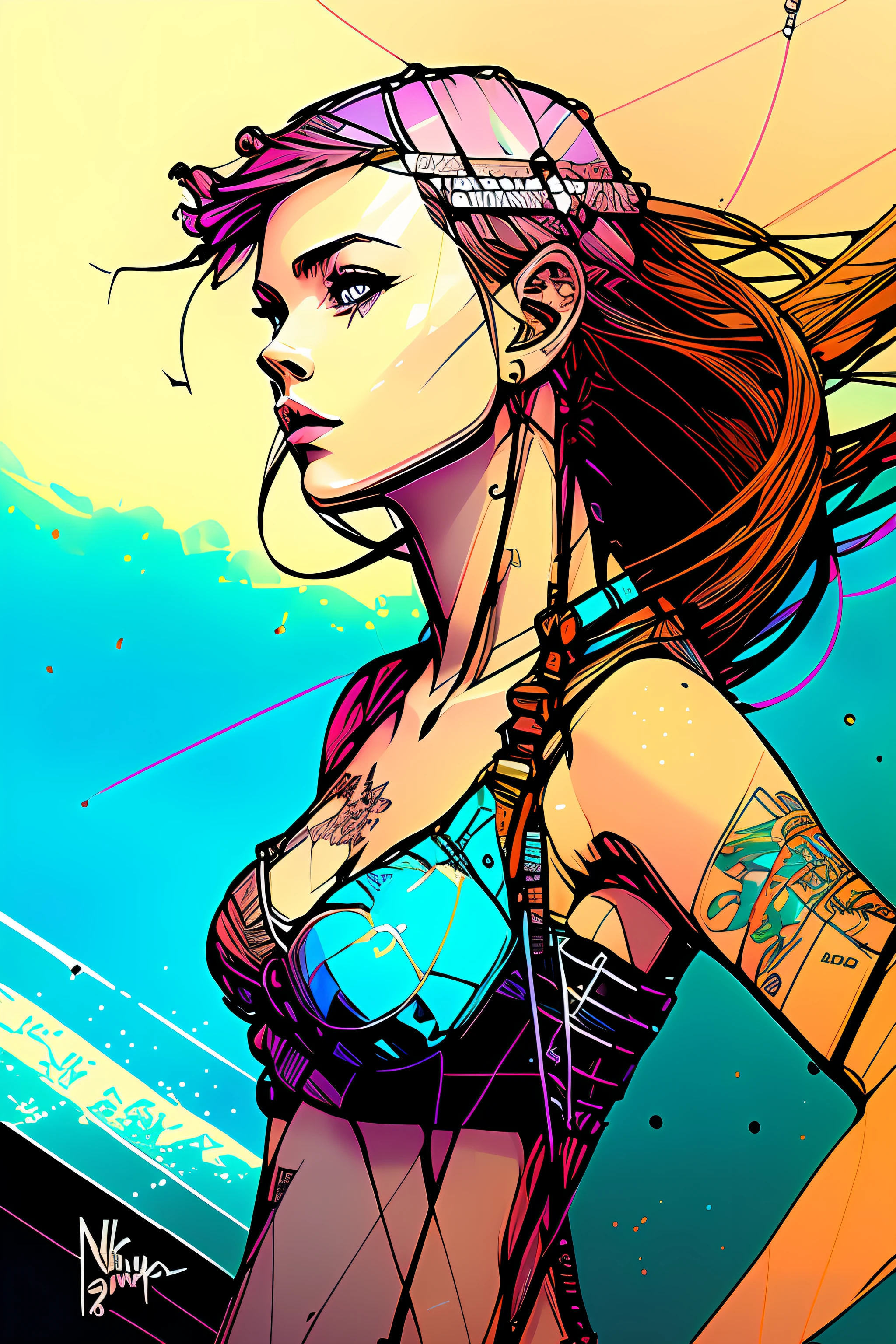 nvinkpunk, (((surfer girl at the beach))), masterpiece, best quality, ((detailed face)), ((award winning)), (High Detail), Sharp, 8k, trending on artstation, intricate