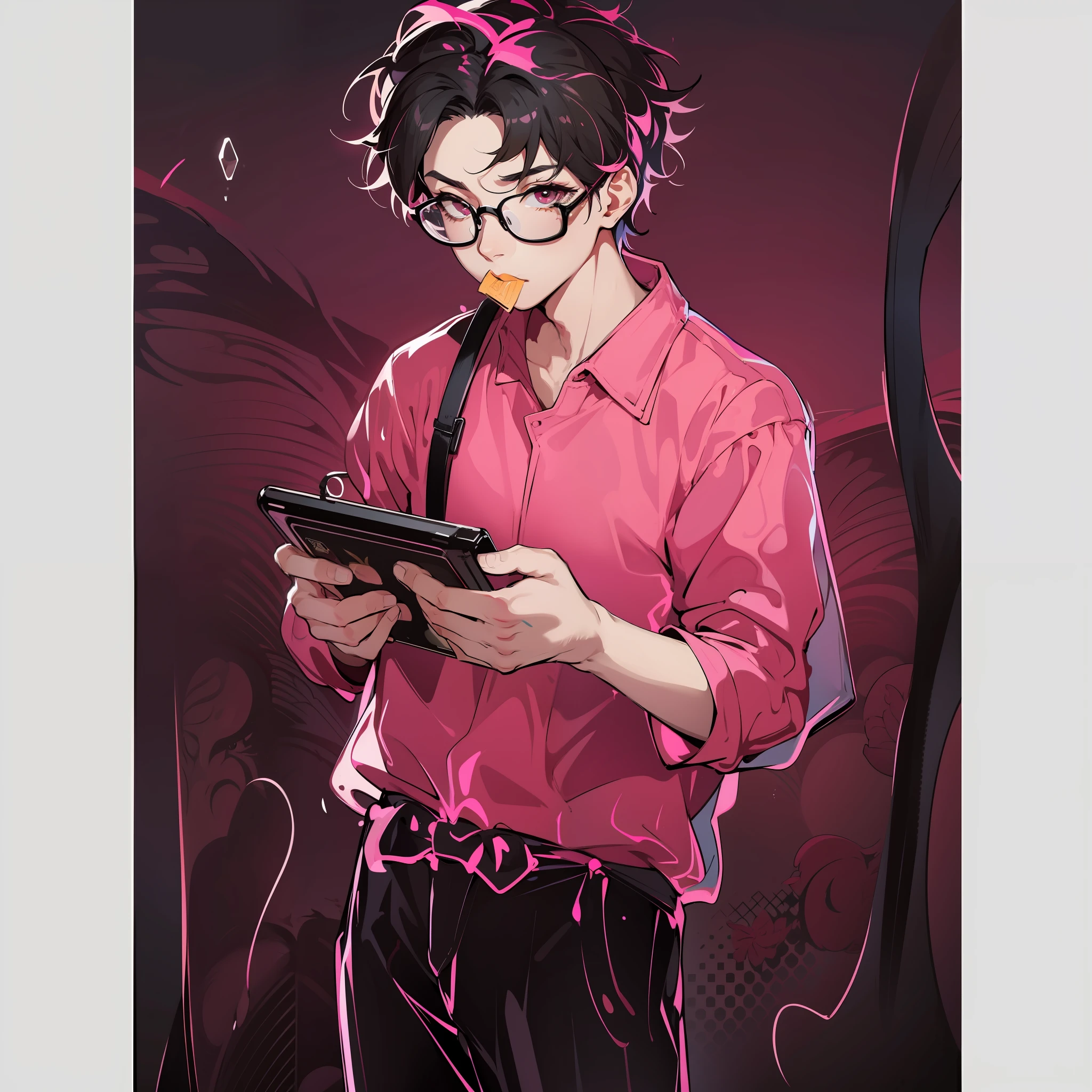 Hannya mask style 0mib，ember，Pink shirt with black wide-leg pants，Wearing glasses，Bubbles blowing in the mouth，Hold a console masterpiece， high qulity， 8k， A high resolution， high detal，