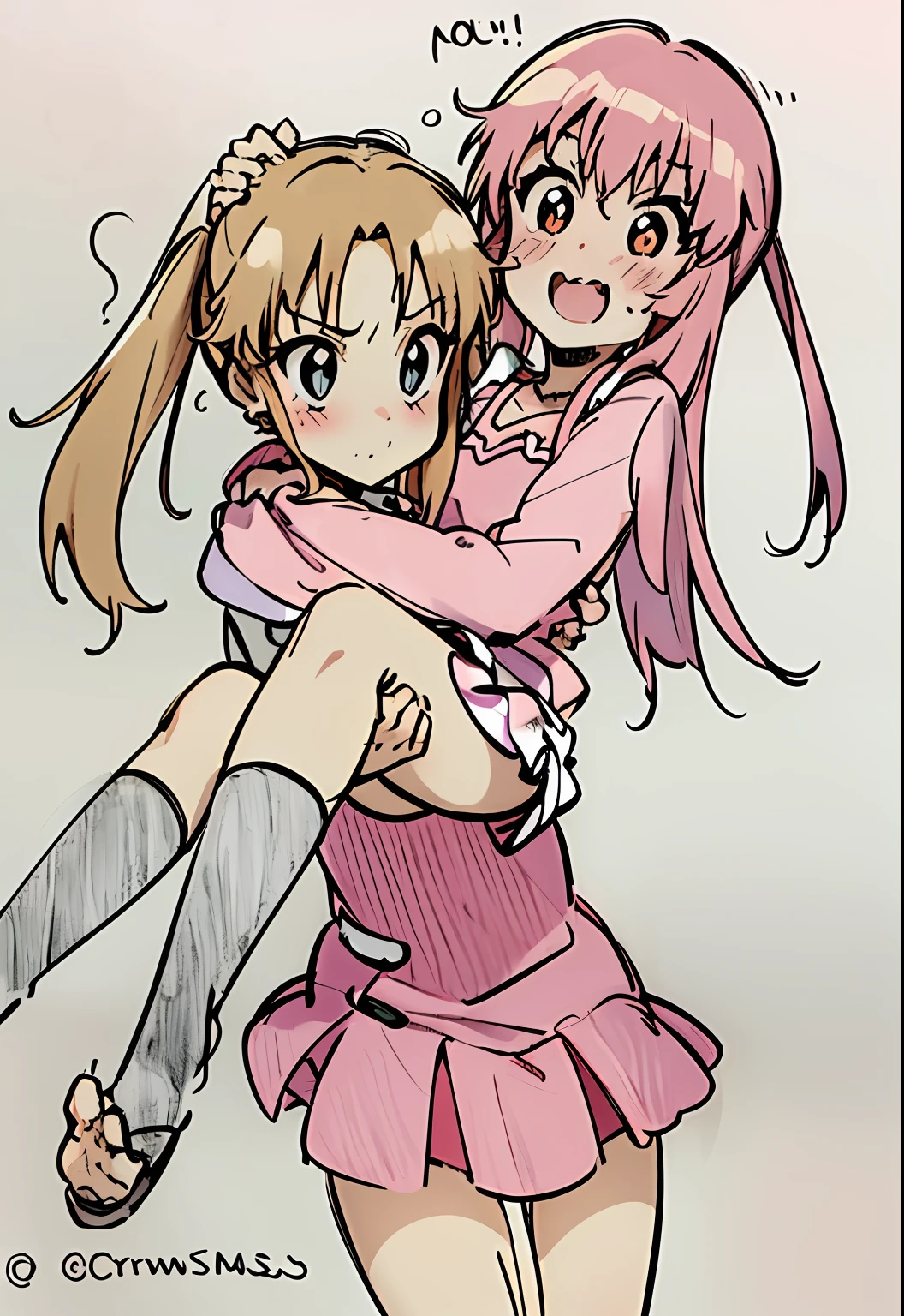 Drawing of a girl hugging another girl in a pink dress, yuruyuri, Happy!!!, an anime drawing, nffsw, cute anime style, In anime style, Hugging each other, Twin-tailed, Anime Girls, Cute Anime, Ecchi anime style, puce and vermillion, Anime Drawing, In an anime style, anime style drawing, anime chibi