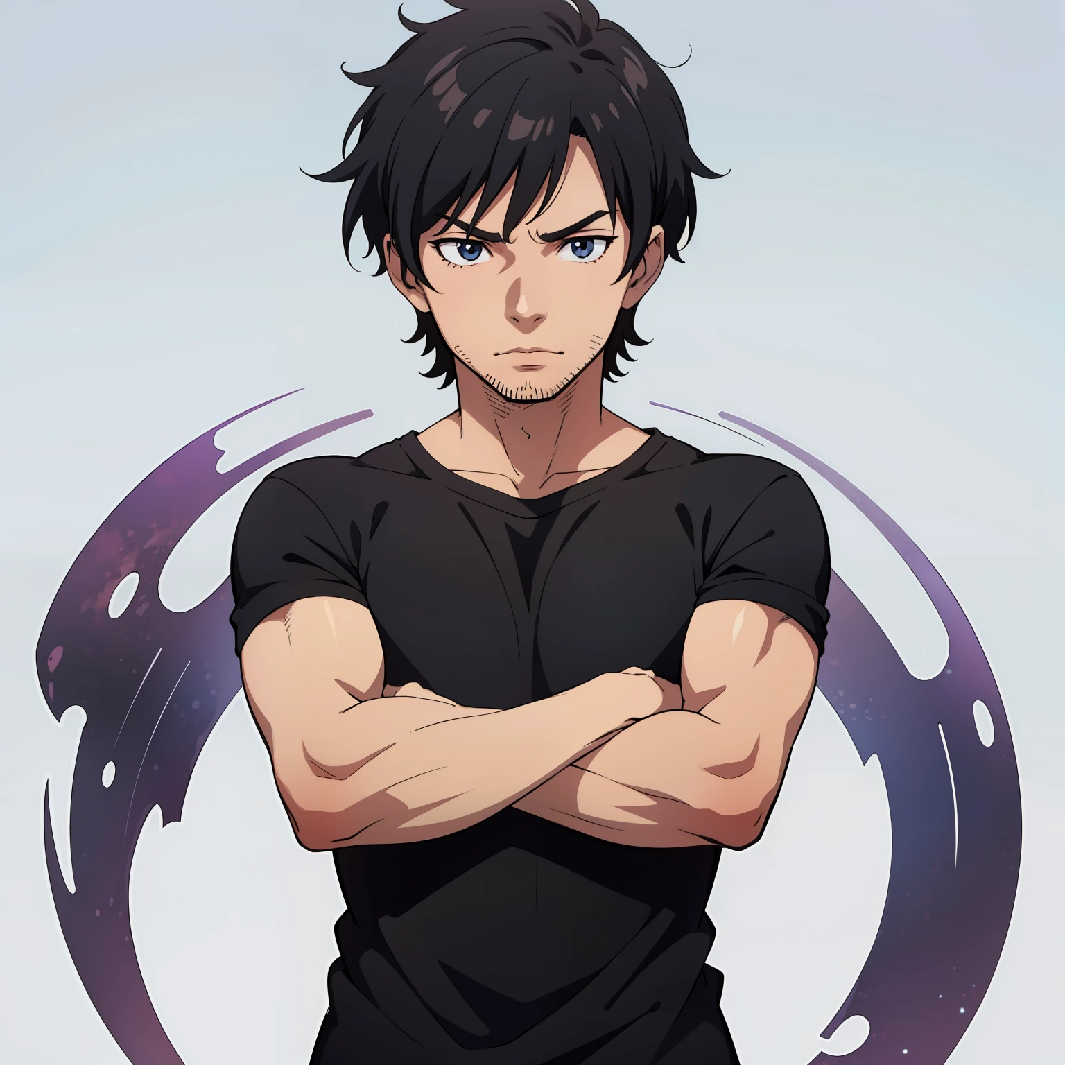 Anime Guy, The upper part of the body, Wearing a black shirt, short-haired, Black hair, Stubble、White or transparent background