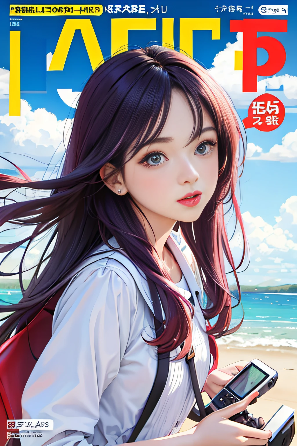 Masterpiece, Best quality, spring outfit, Colorful hair,  Outdoor, MagazineCover ,Audio recorder upper body,