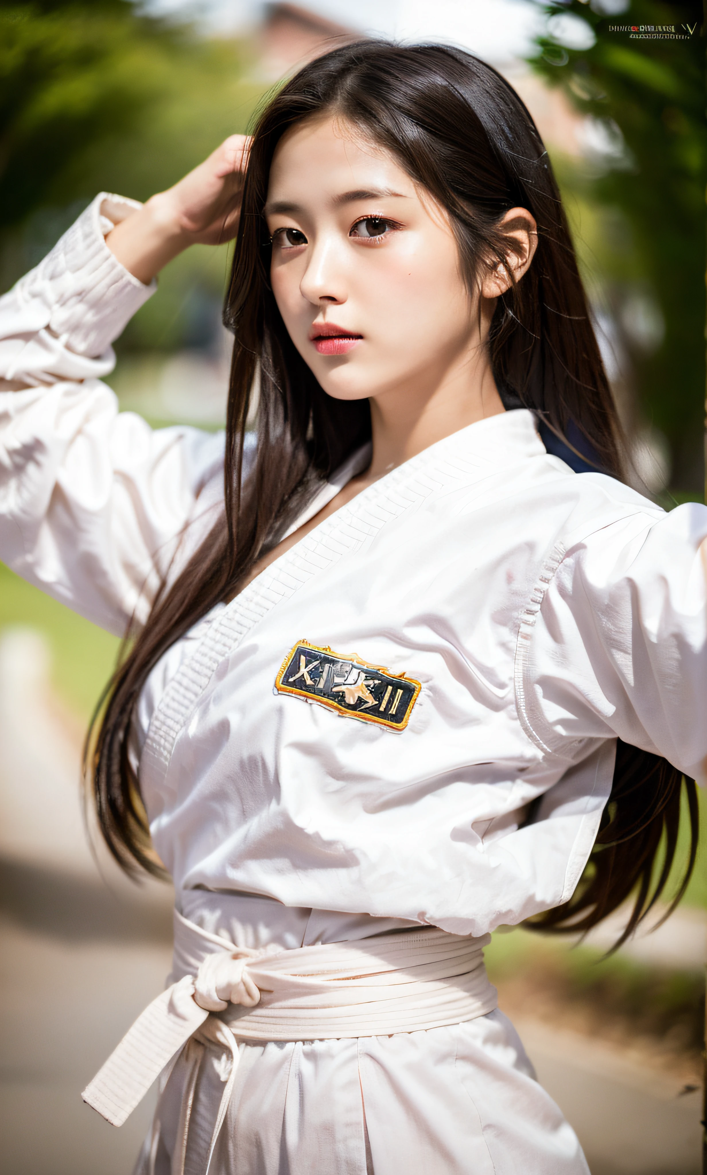 ulzzang-6500-v1.1, (raw photo:1.2), (photorealistic:1.4), beautiful detailed girl, very detailed eyes and face, beautiful detailed eyes, ridiculous, incredibly ridiculous, huge file size, super detailed, high resolution, very detailed, best quality, masterpiece, kemomimi, ((Japanese girls' karate costumes)), illustration, very detailed, CG, unified, 8k wallpaper, amazing, Fine details, masterpiece, best quality, very detailed CG uniform 8k wallpaper, light on face, cinematic lighting, 1girl, 16 years old, ((dynamic pose)), karate pose