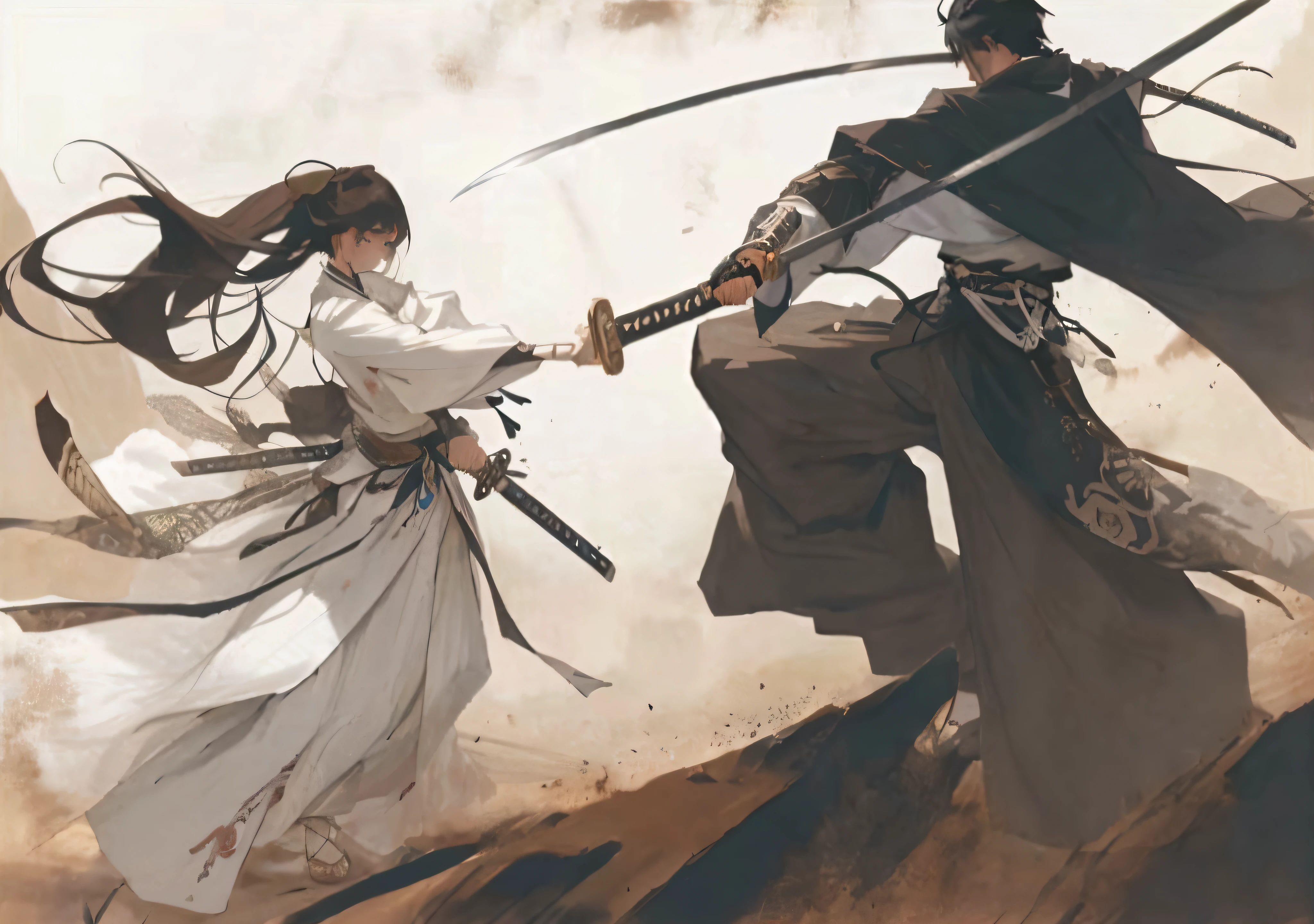 Anime characters fight with swords in desert areas, krenz cushart and wenjun lin, full-body wuxia, by Yang J, Sword fight, Wuxia, Guviz-style artwork, inspired by Kanō Hōgai, samurai duel, traditional japanese concept art, facing off in a duel, Guviz