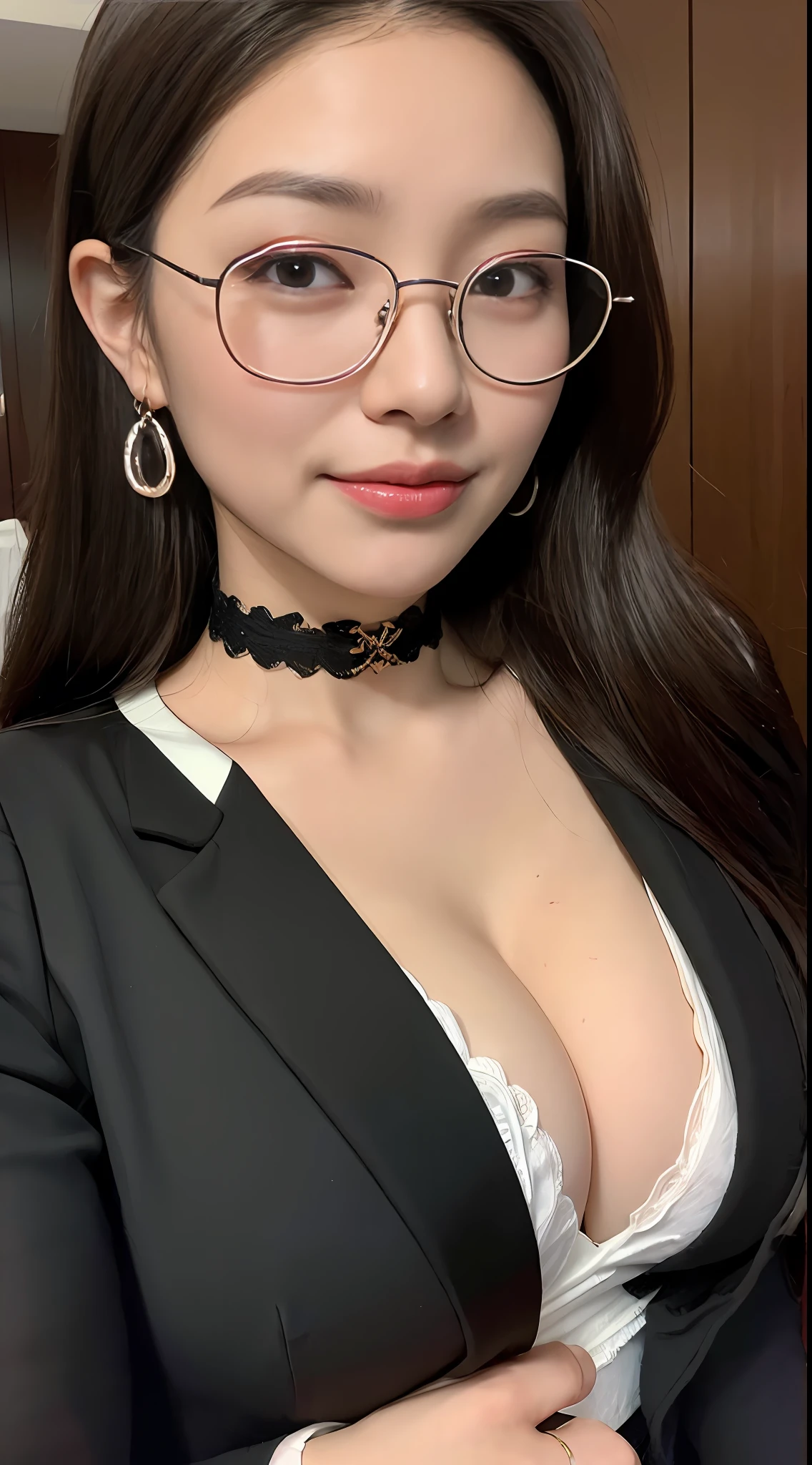 ((midnight, Need, 8K, tmasterpiece:1.3)), , Long legs, Focalors:1.2, Plump body,perfect figure beautiful woman:1.4,((Dark brown hair, huge tit:1.2 )), (cleavage,Black clothes,blacksuit,tailcoat,Professional Dress,formal outfit,blazer jacket), ((with a pure white background)), Highly detailed facial and skin texture, A detailed eye, 二重まぶた,largeeyes,wears glasses,crisp breasts,Smile with,Bigger breasts, Wavy hair,High purity and full breasts,Get wet,Sweat profusely,wearing a choker,Wear earrings,wears a watch,Bulging chest,Bulging chest,Breast swelling,huge tit,Noble,luxury goods,Rich,posh,the breasts are large,Large breasts,Close up,up-close,ID photo,closeup cleavage,self-assured