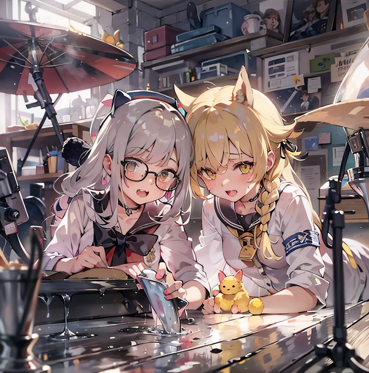 (High definition CGUnity 8k wallpaper), Rock musician、songstress、spot light、Hugging a Les Paul、Original Characters、Portrait of an amazingly beautiful girl、Lunette de soleil、Delicate beautiful attractive face with petite and seductive yellow eyes、Messily painted face、Sharp Eyebrows、glares、open open mouth、Stick out your fangs、Beautiful medium milk、Layered long twin tail blonde、Blush Eyeshadow、Dark eyelashes、Applejack Hat、masutepiece, High resolution, Whole body, eye glasses、Crouching Pose, 2 girls, Black Hair Bob, Long Blonde Hair, 16 years old, Beautiful Girl, Beautiful facial features、slender, Small breasts, Growing from the crotch, erection, big erect, Glowing skin, Licked, Being hugged from behind, Stimulate the , Kissing, agony, , Splashing , abundant splashes on the body and face,,,,,,,,,,,,,,,,,,,,,,,,,,,,, School, crass room, open underwears,
,Makima \(chain saw man\),hiqcgbody