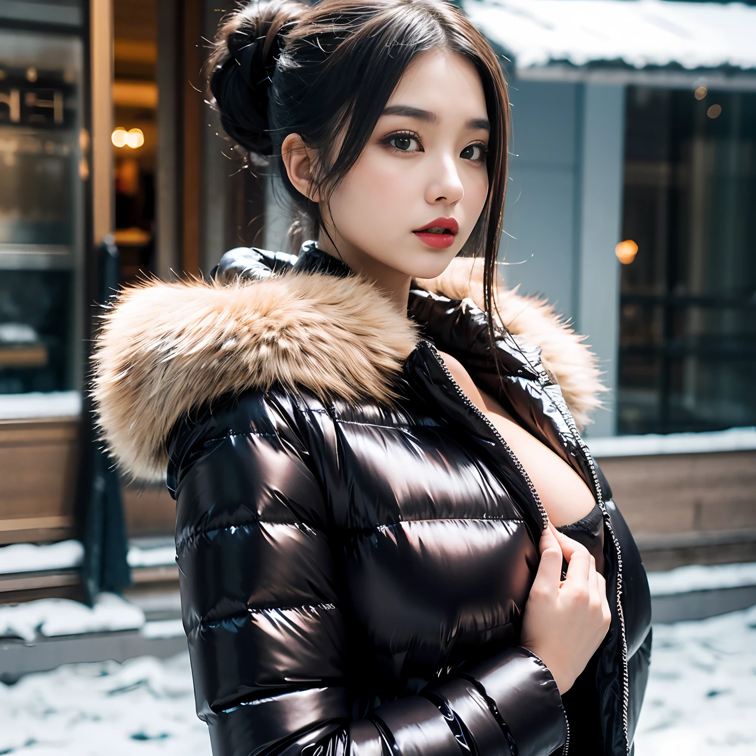 chubby Japanese woman,  pale skin,  dark red lipstick, big pouting lips, wearing a very large tight shiny puffer coat, thick eyebrows, photorealistic, masterpiece, in Sapporo , moncler, fluffy fur hood, attitude on her face, hair tied on top, cleavage, open coat, snowing, cute, silk breasts, silk