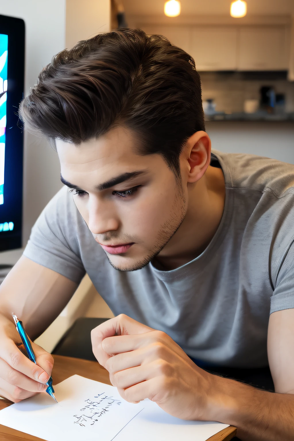 A man wears a glass sitting in front of a screen, giving a gentle expression and writing something on a note doing a YouTube thumbnail pose, ultra realistic, lighting details, 4k, realism, realistic lighting