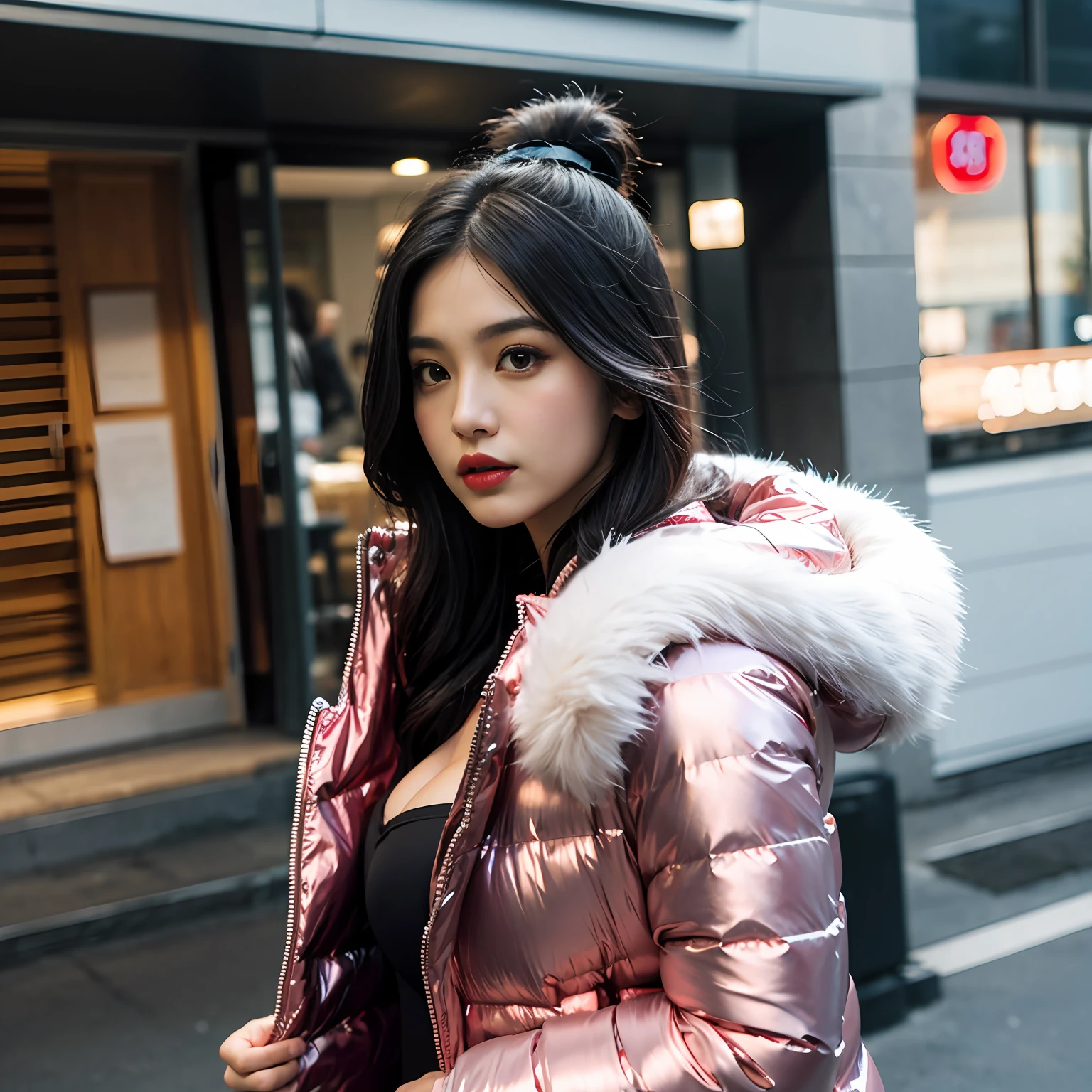 chubby Japanese woman, pale skin, dark red lipstick, big pouting lips, wearing a very large tight shiny puffer coat, thick eyebrows, photorealistic, masterpiece, in Sapporo , moncler, fluffy fur hood, attitude on her face, hair tied on top, cleavage, open coat, snowing, cute, silk breasts, silk